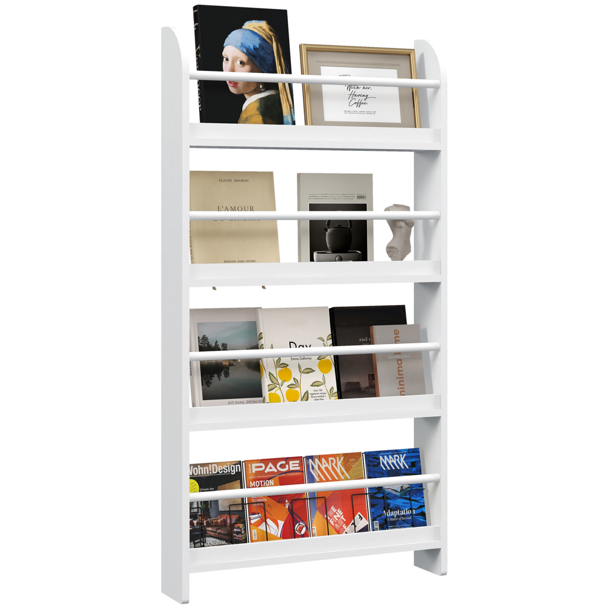 MDF Freestanding Wall-Mounted 4-Tier Magazine Shelf Rack White