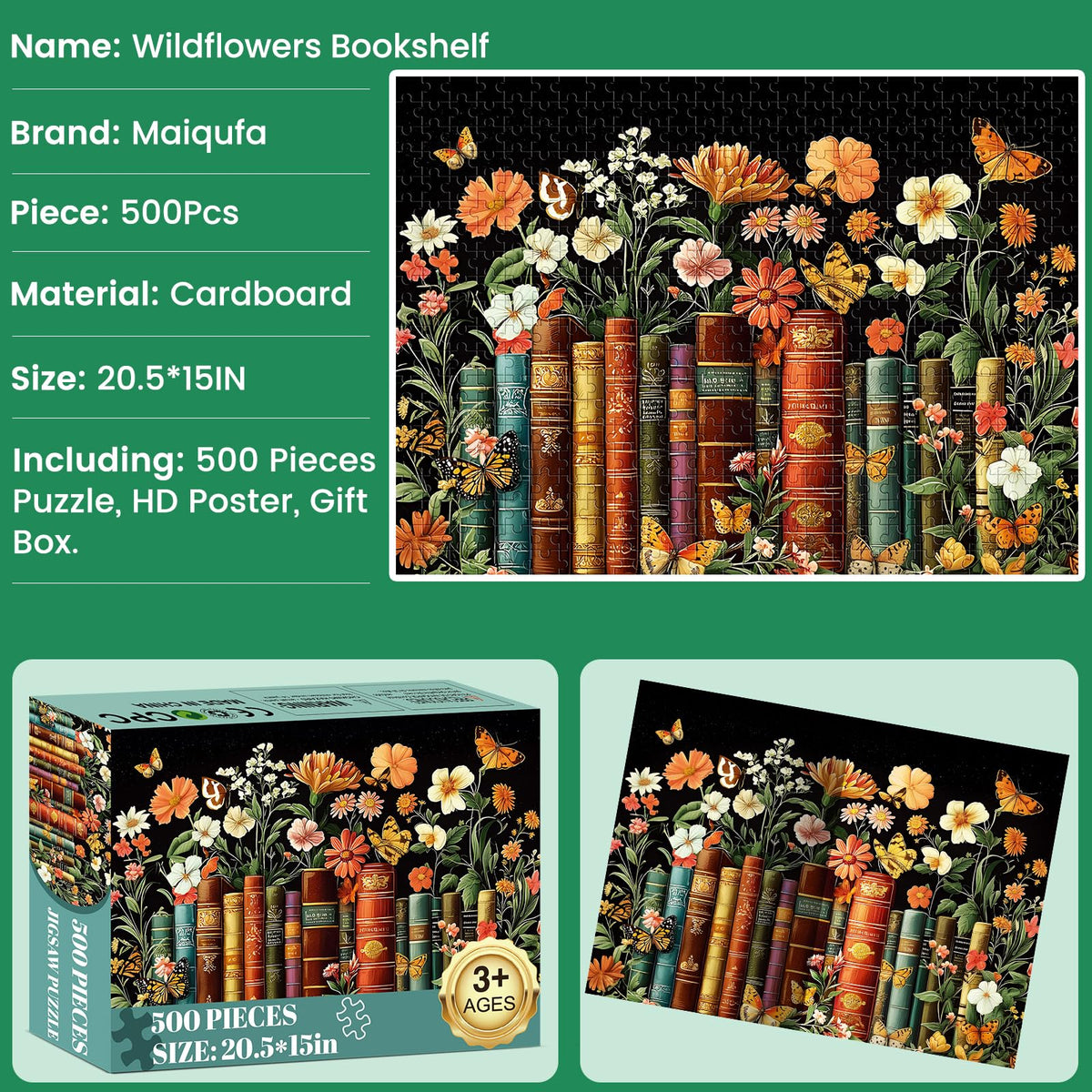 Maiqufa 500-Piece Puzzle for Adults: Vintage Wildflowers & Books