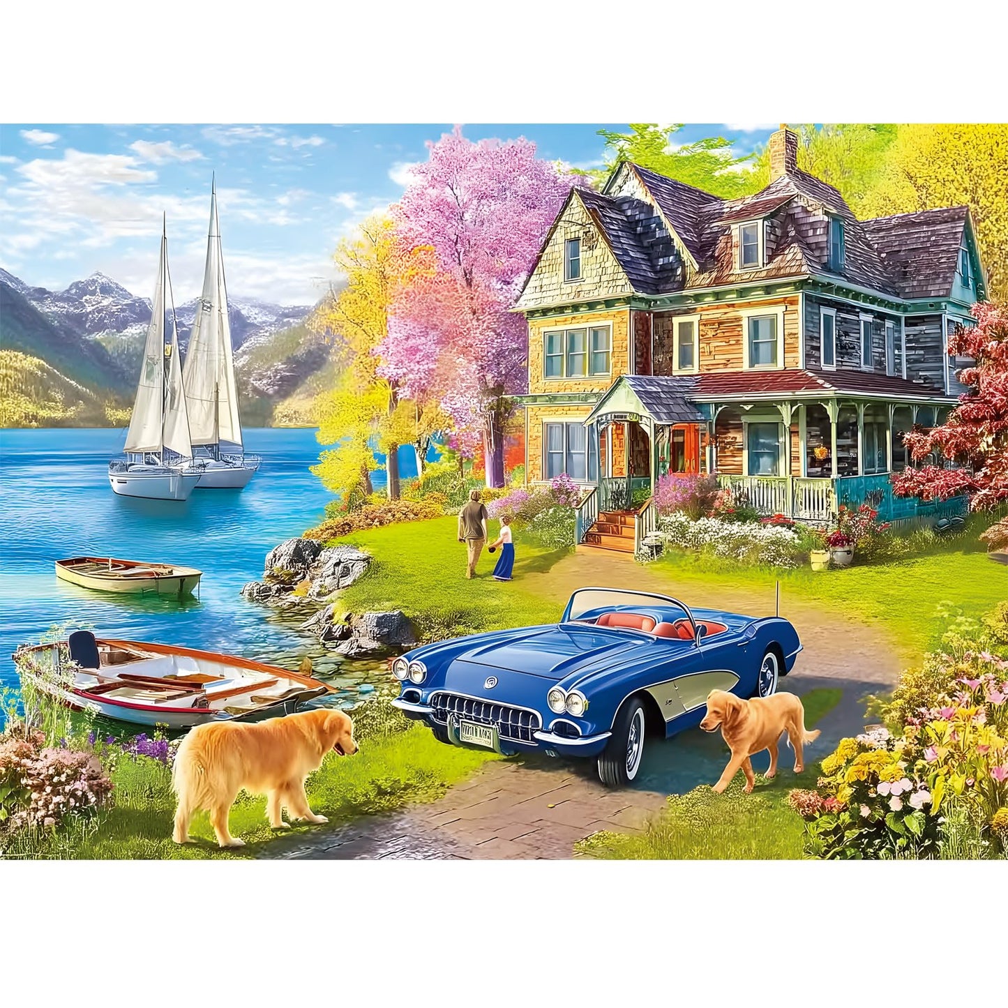 Maiqufa 500-Piece Lake Vacation Puzzle – House & Dogs Landscape, 20.5 x 15 in