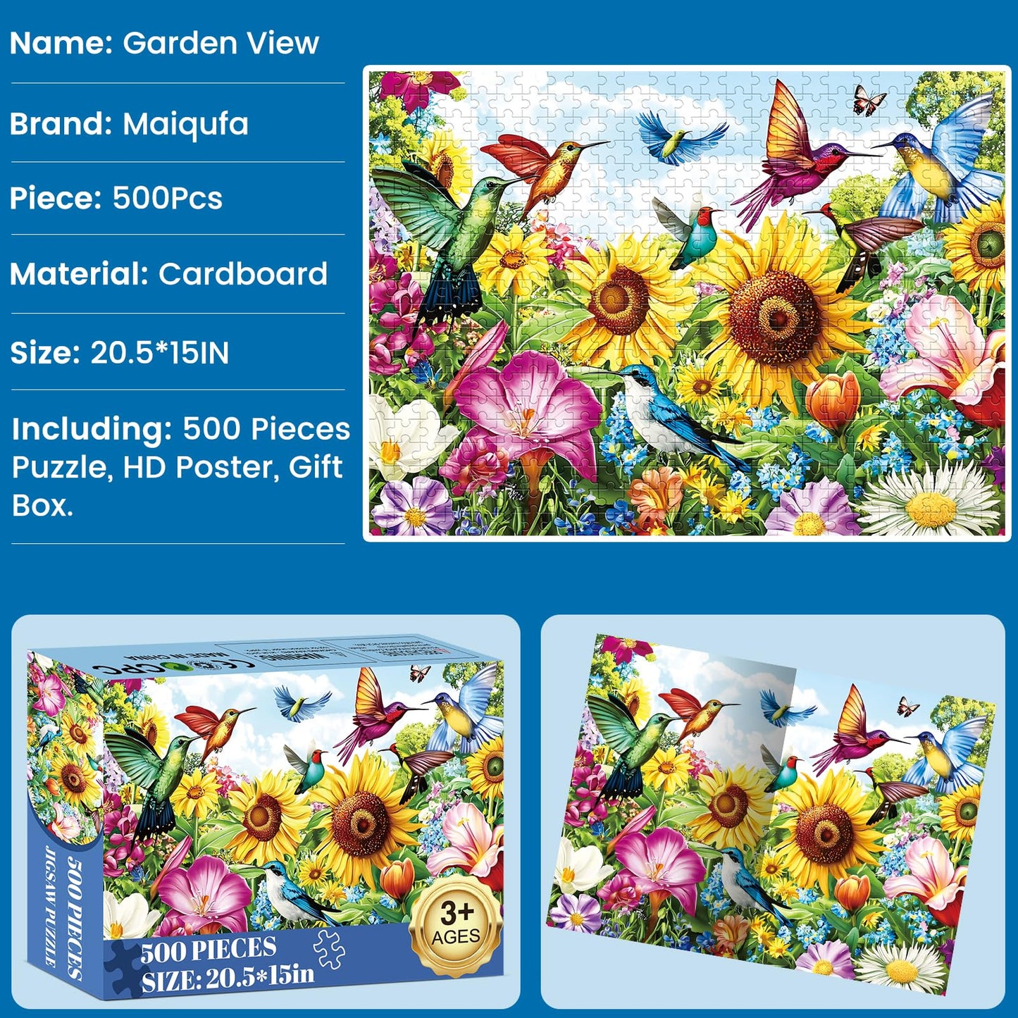 Maiqufa 500-Piece Summer Birds Garden Puzzle for Adults – Recycled Cardboard Jigsaw