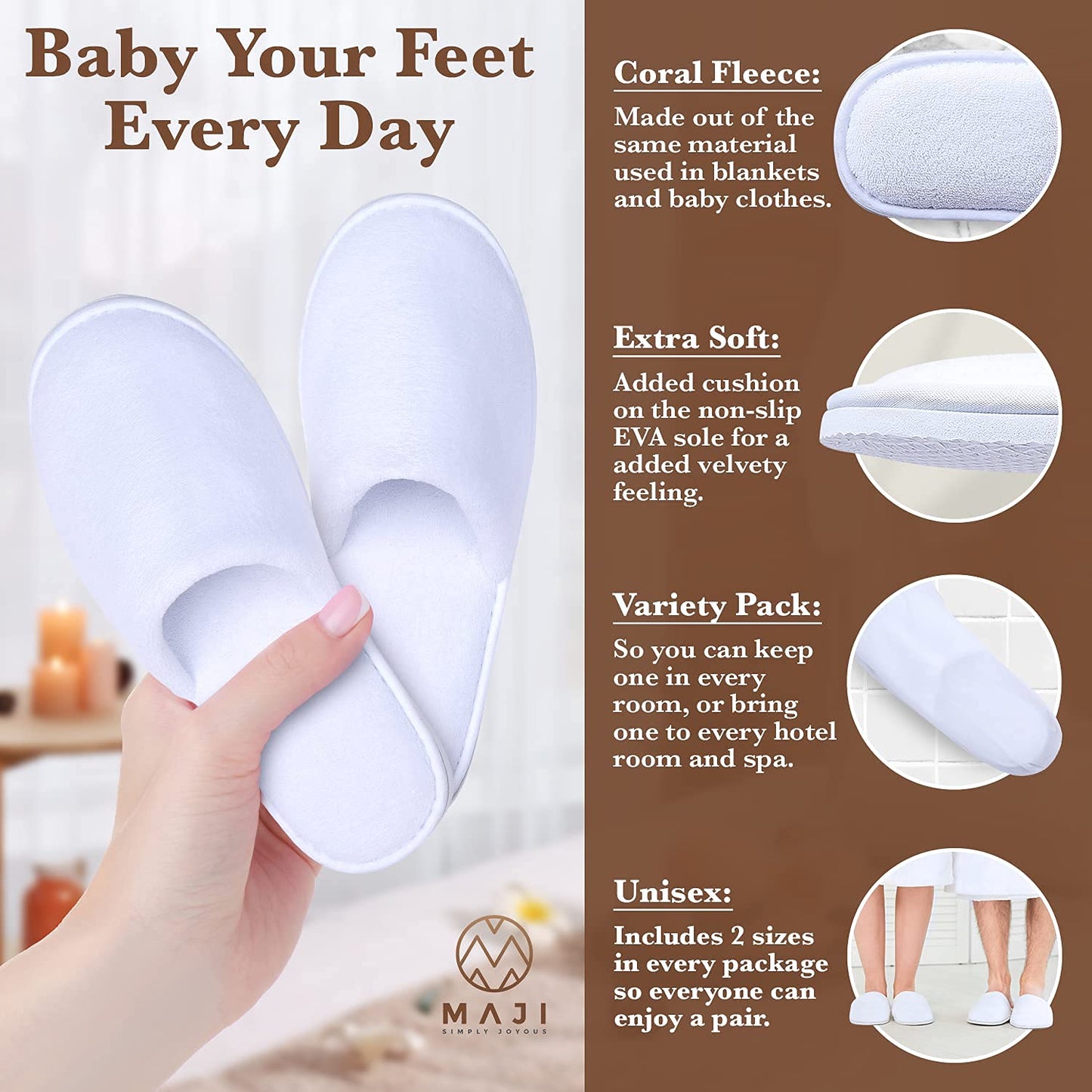 MAJI SIMPLY JOYOUS White Spa Slippers for Women – 6-Pack Guest Slippers, Non-Slip, Closed-Toe, Travel-Friendly