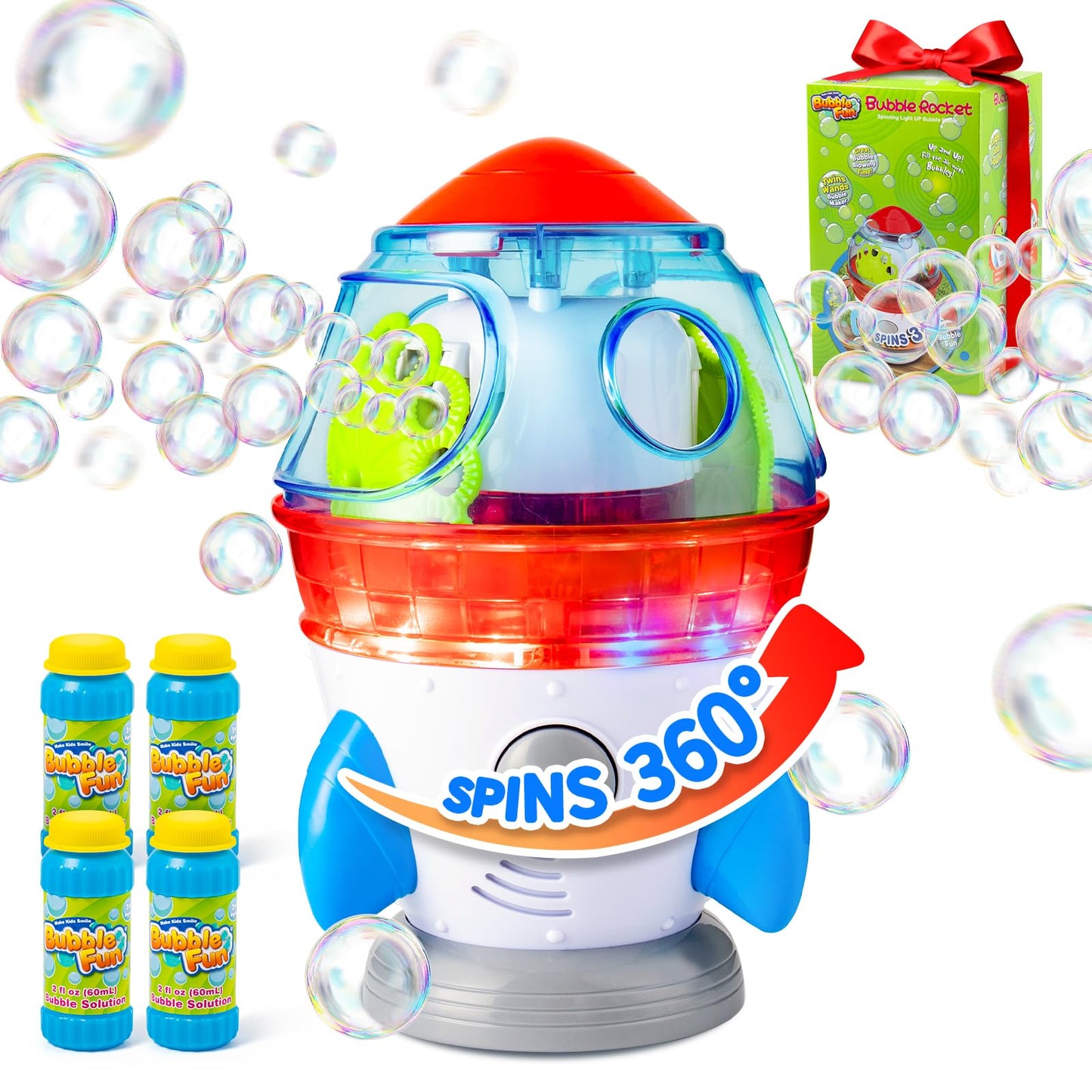 Rocket-Shaped Bubble Machine by MAKE KIDS SMILE BUBBLE FUN | 360° Rotation, Dual Outlets, LED Lights & Music