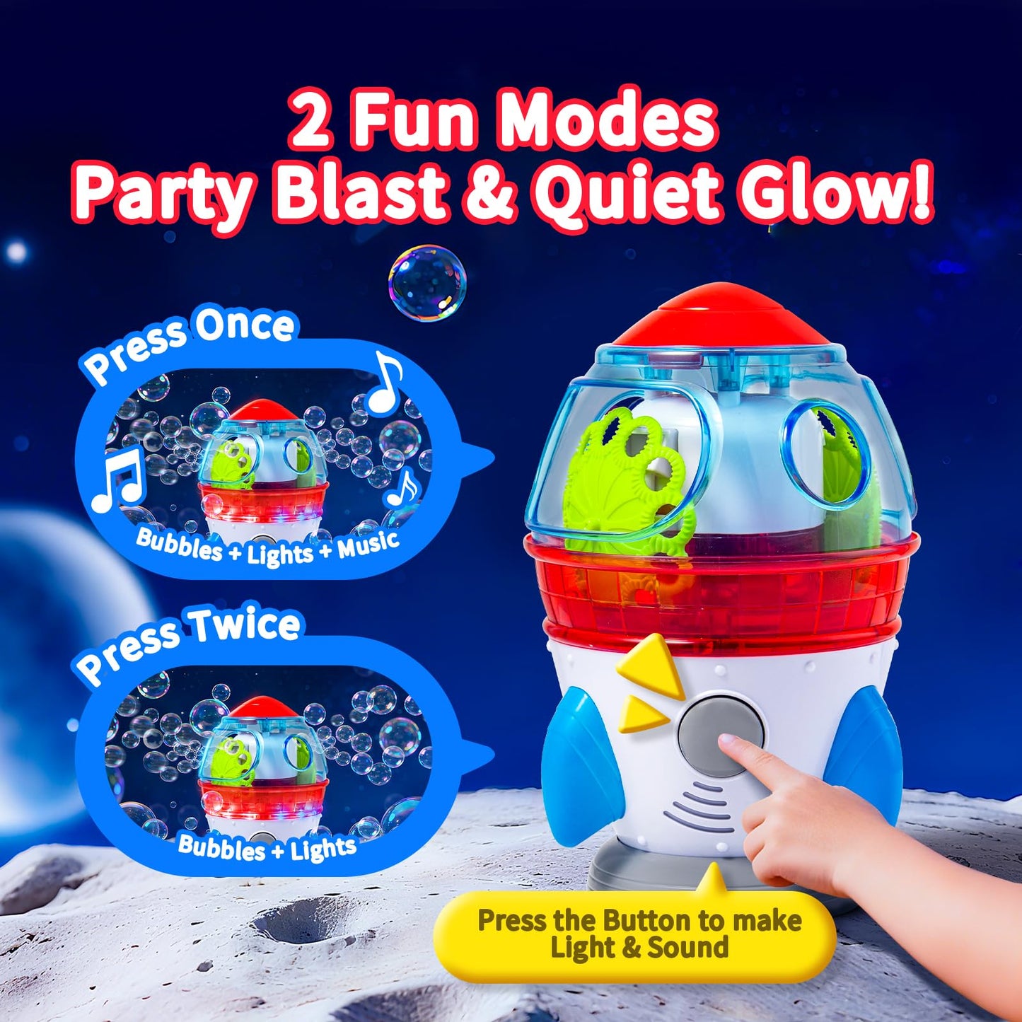 Rocket-Shaped Bubble Machine by MAKE KIDS SMILE BUBBLE FUN | 360° Rotation, Dual Outlets, LED Lights & Music