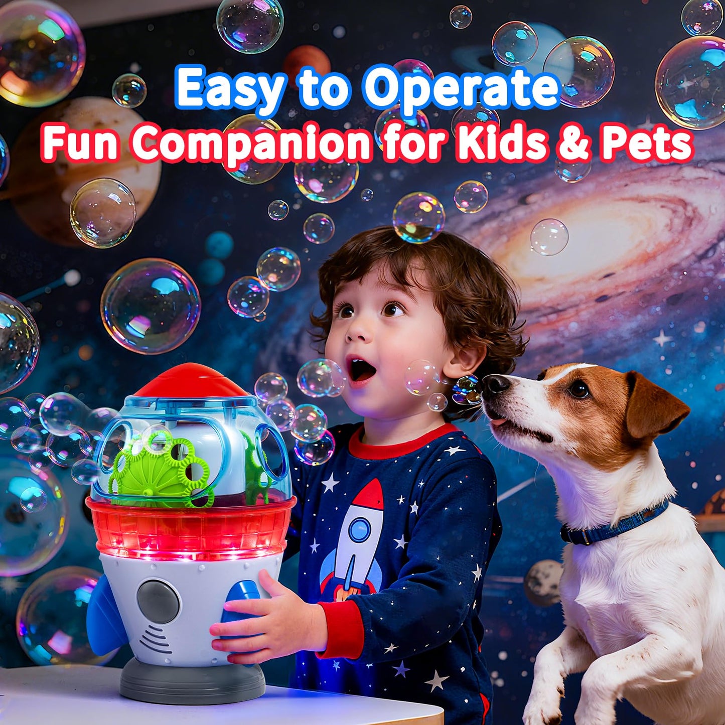 Rocket-Shaped Bubble Machine by MAKE KIDS SMILE BUBBLE FUN | 360° Rotation, Dual Outlets, LED Lights & Music
