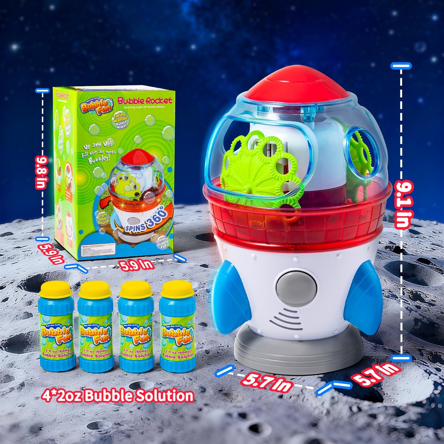 Rocket-Shaped Bubble Machine by MAKE KIDS SMILE BUBBLE FUN | 360° Rotation, Dual Outlets, LED Lights & Music