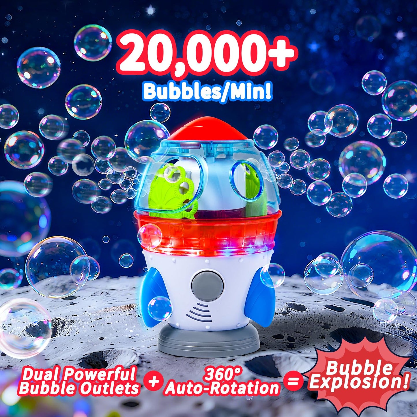Rocket-Shaped Bubble Machine by MAKE KIDS SMILE BUBBLE FUN | 360° Rotation, Dual Outlets, LED Lights & Music