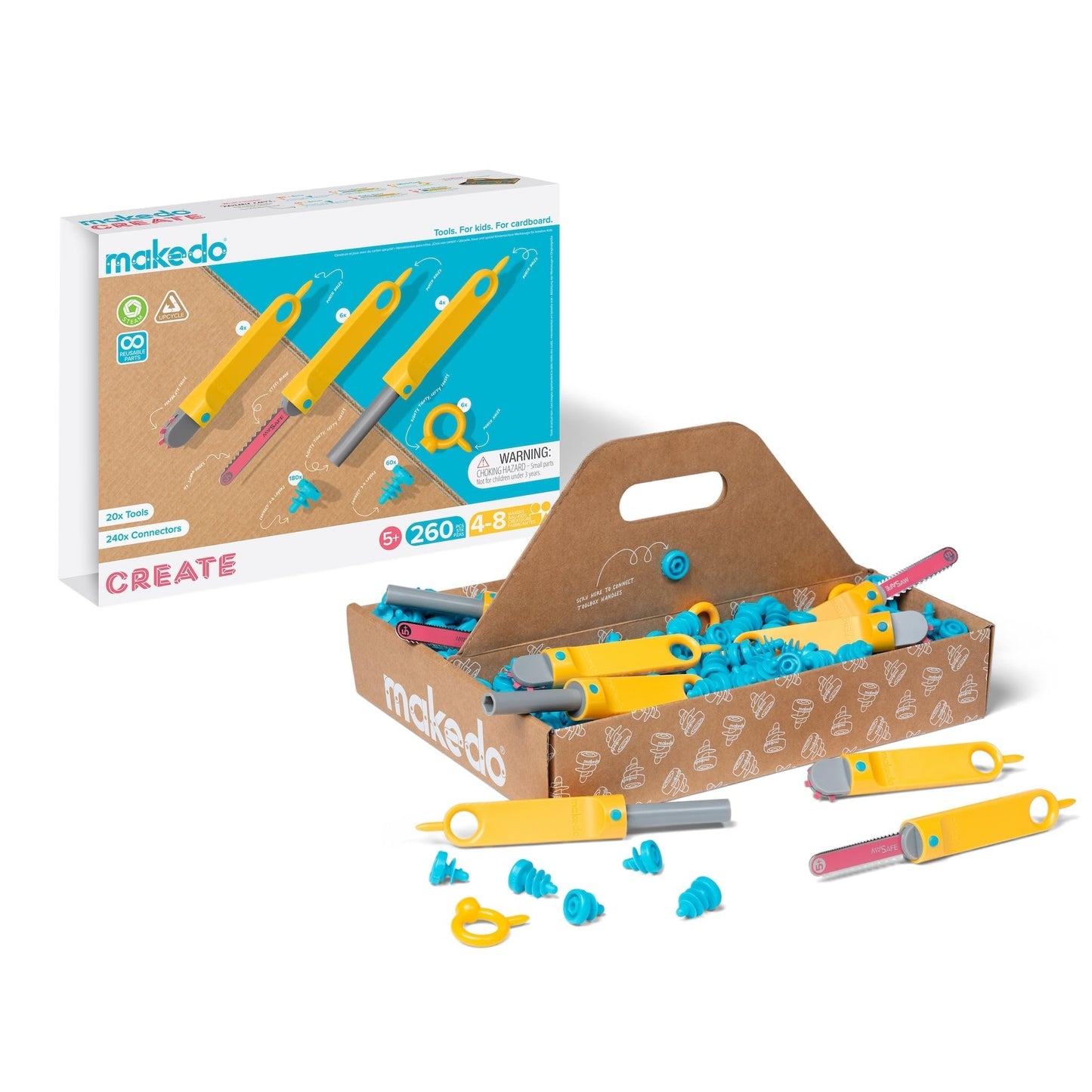 Makedo Create | Upcycled Cardboard Construction Tool Kit in Small Toolbox – 260 Pieces | STEM & STEAM Learning for Home & Classroom