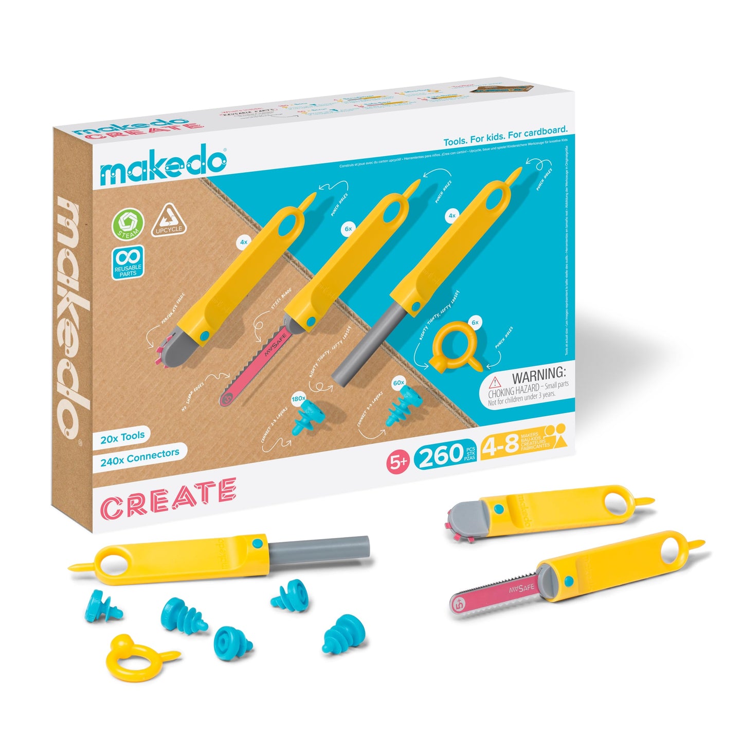 Makedo Create | Upcycled Cardboard Construction Tool Kit in Small Toolbox – 260 Pieces | STEM & STEAM Learning for Home & Classroom
