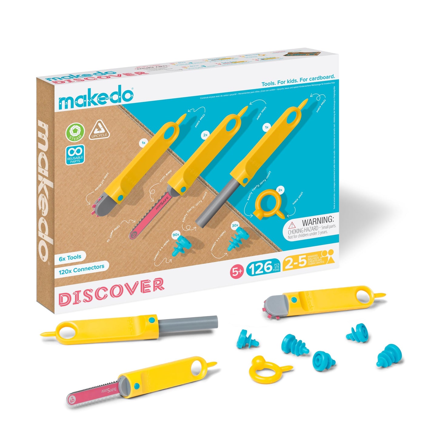 Makedo Discover: Upcycled Cardboard Construction Kit (126 Pieces) | STEM/STEAM Learning for Home & Classroom