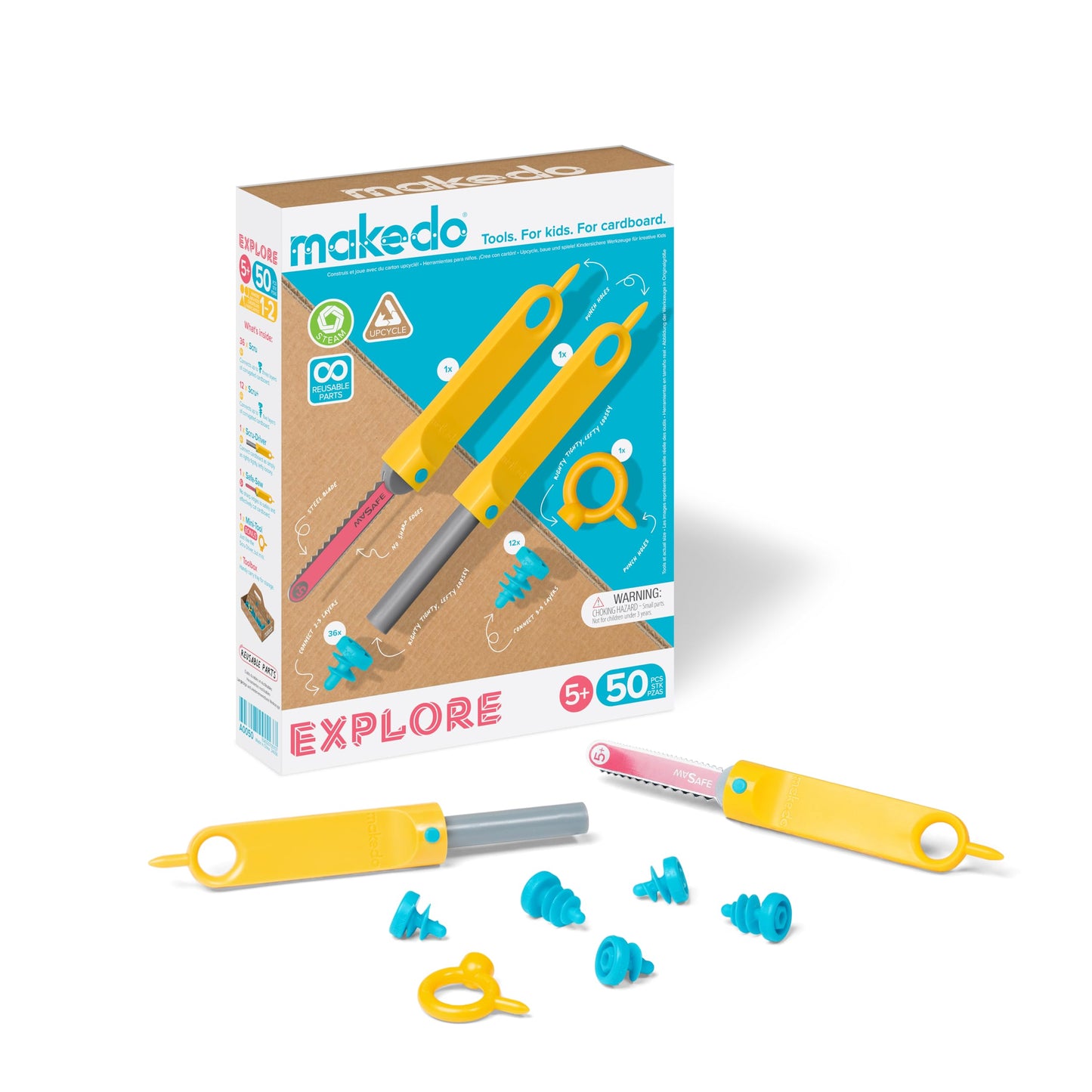 Makedo Explore | Upcycled Cardboard Construction Toolkit (50 Pieces) for STEM & STEAM Learning