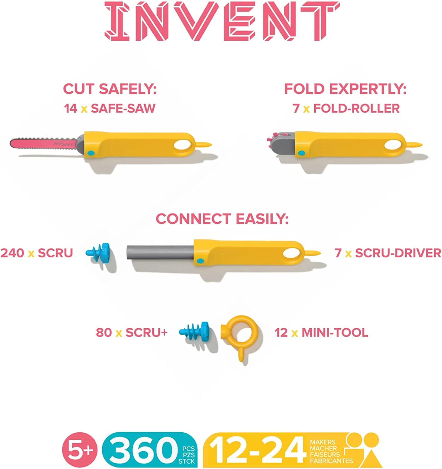 Makedo Invent – Upcycled Cardboard Construction Toolkit (360 Pieces) | STEM + STEAM Toys for Home & Classroom | Ages 5+