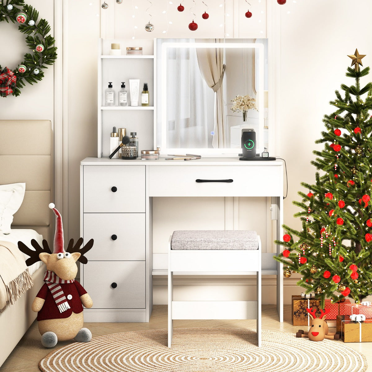 Makeup Table and Chair Set with 4 Drawers and Storage Shelves-White