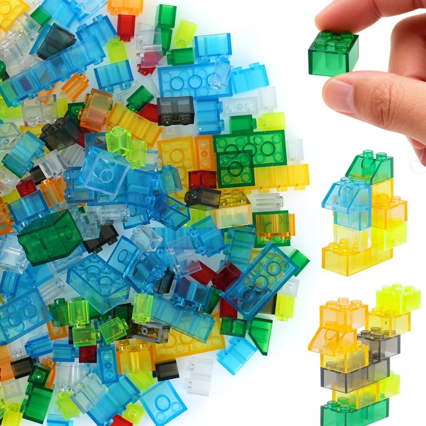 MALEKO 300-Piece Transparent Bricks Pack – Mixed Shapes, Multi-Color Blocks