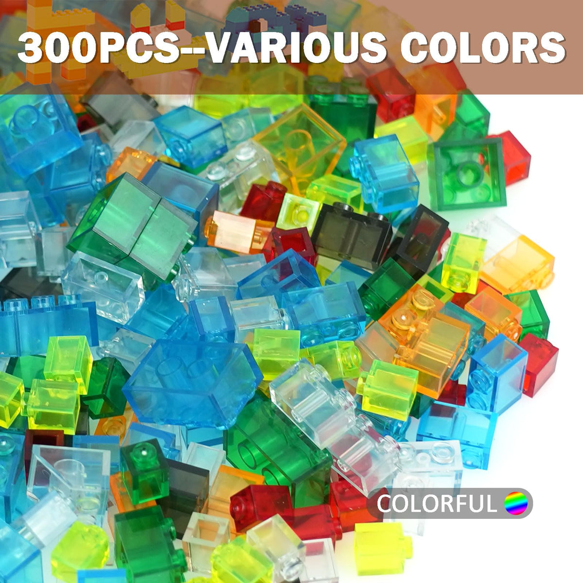 MALEKO 300-Piece Transparent Bricks Pack – Mixed Shapes, Multi-Color Blocks