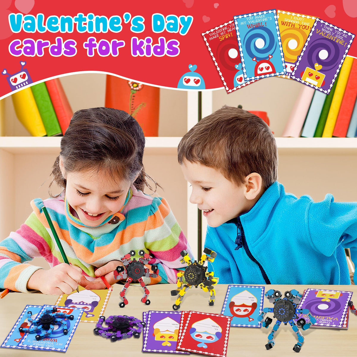 Malhaii 24-Pack Valentines Day Cards with Fidget Spinners for Kids – Classroom Gifts & Party Favors