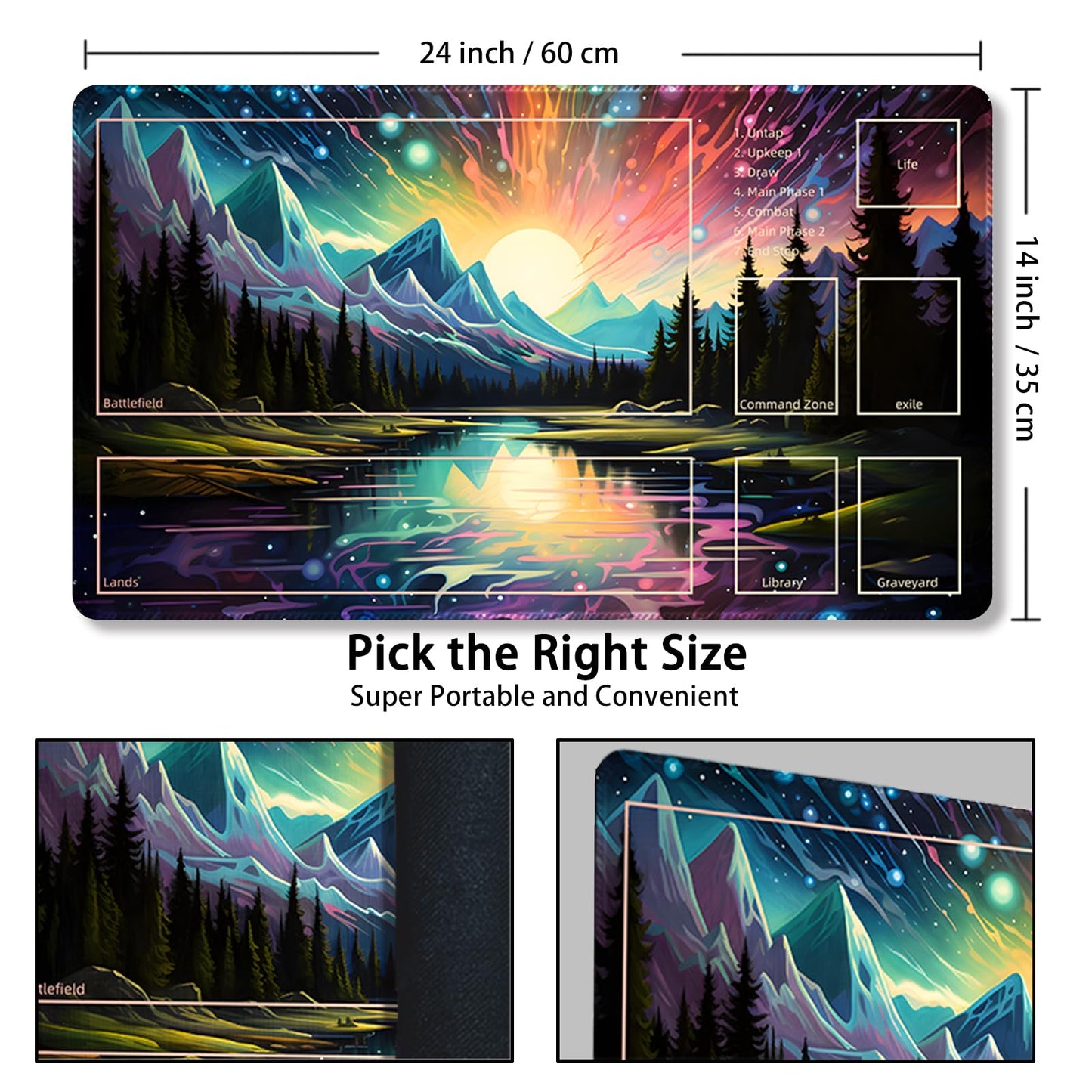 Malqiqi MTG Playmat 24x14 in – Free Storage Bags, TCG & Board Game Card Mat with Zones