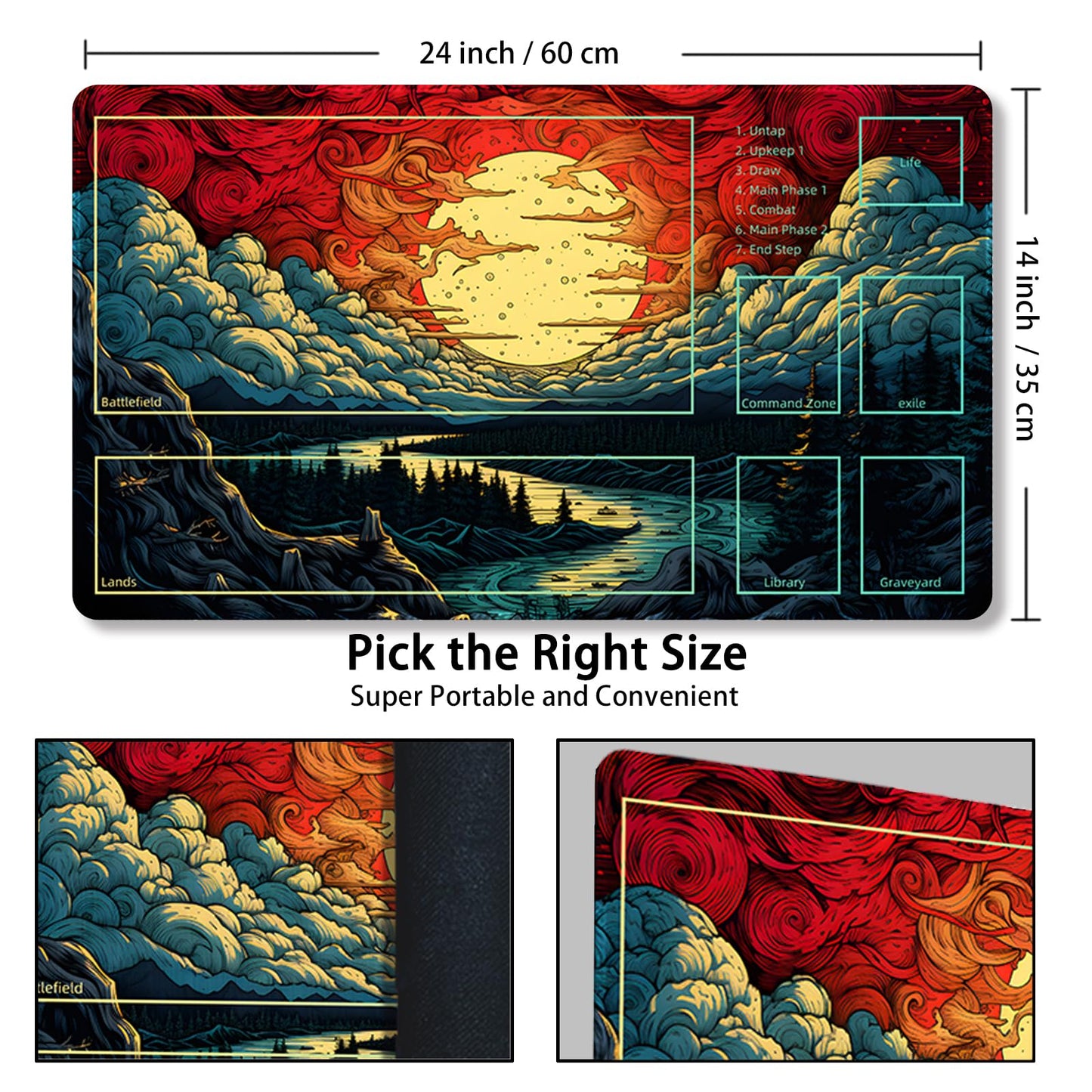 Malqiqi MTG Playmat 24x14 in with Free Storage Bags – Card & Board Game Mat with Zones
