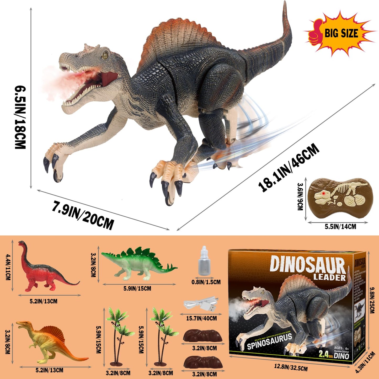 MAMABOO Remote Control Dinosaur Toy – 18.1-Inch Walking Spinosaurus with Fog Spray