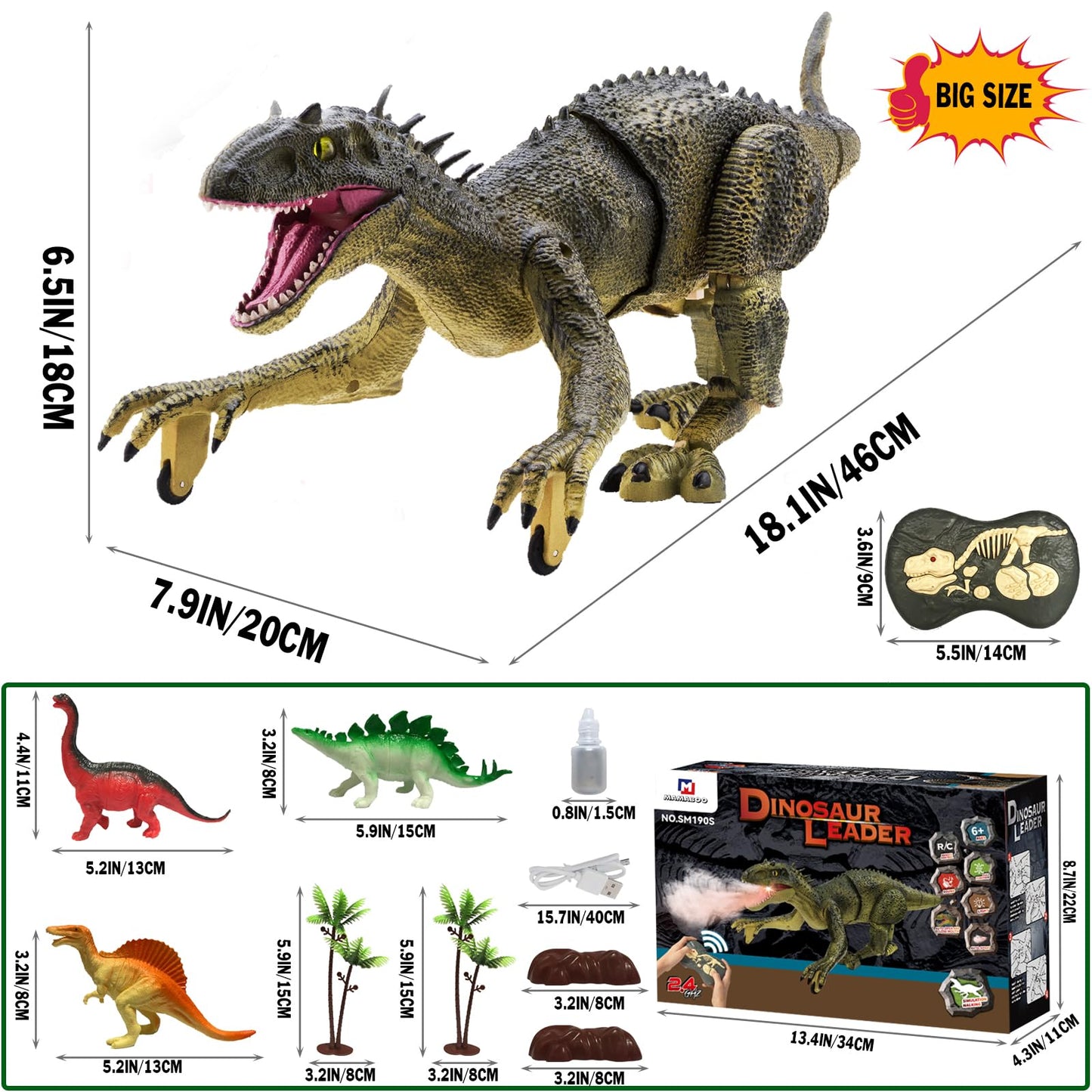 MAMABOO 18.1-inch Remote Control T-Rex Dinosaur Toy - Walking, Fog Spray, Rechargeable