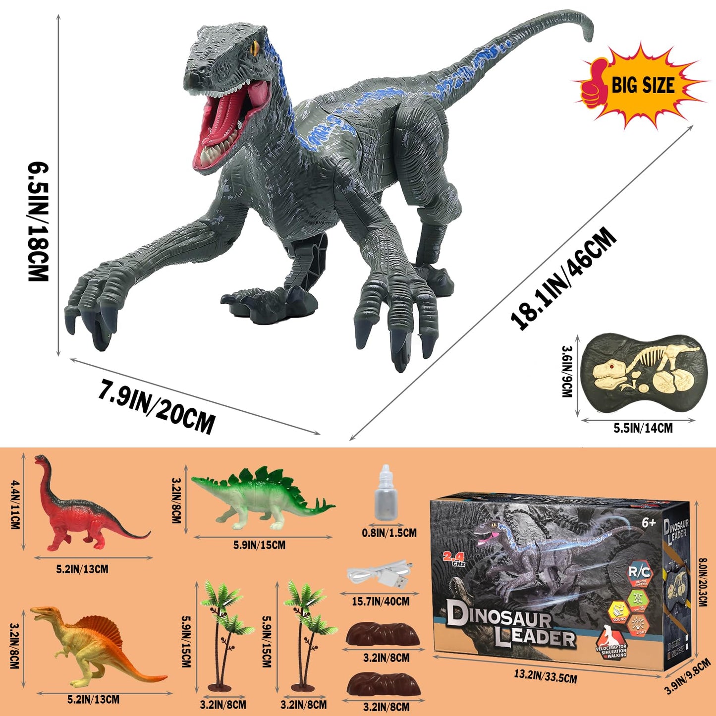 MAMABOO Remote Control Dinosaur Toy – 18.1-Inch Walking Velociraptor with Roar