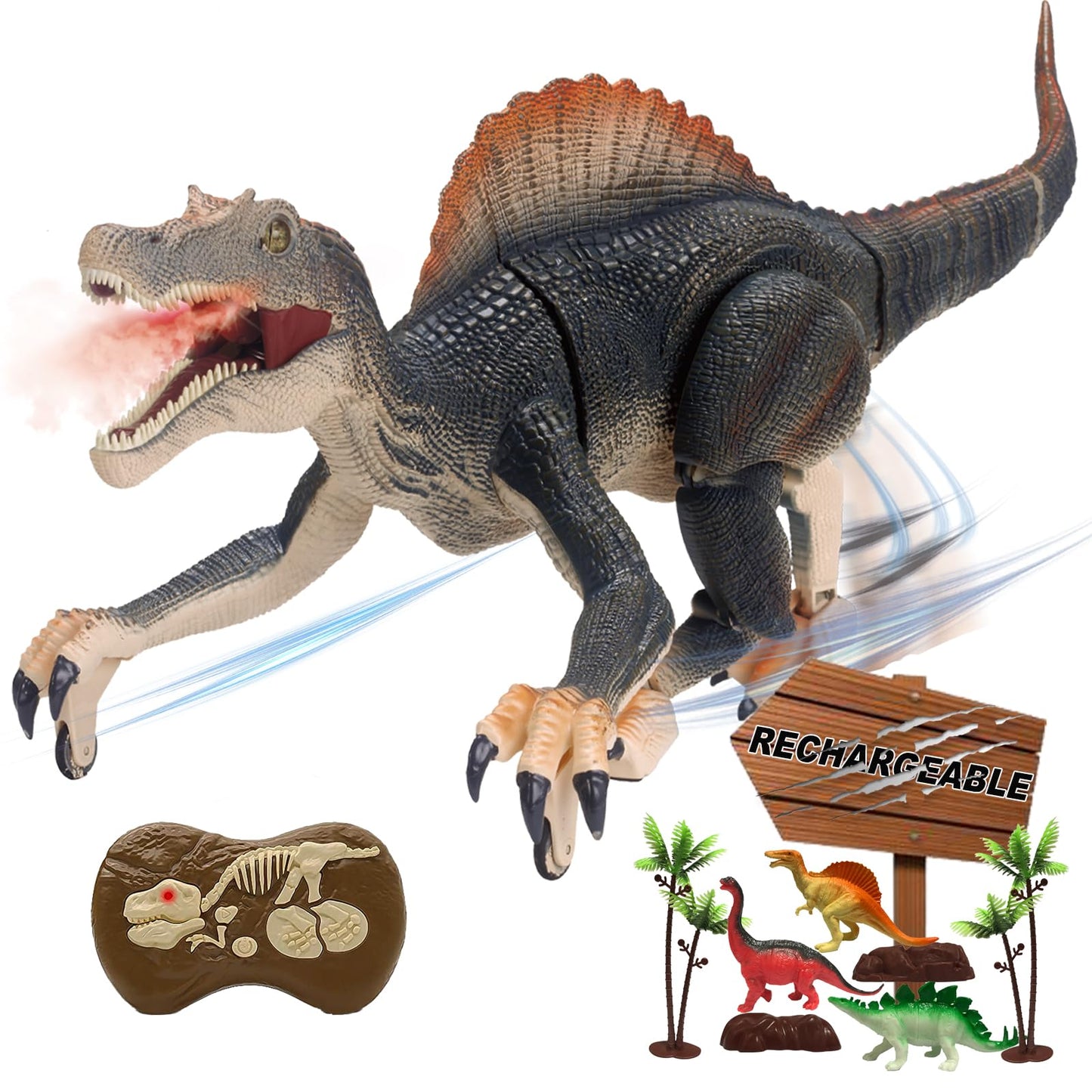 MAMABOO Remote Control Dinosaur Toy – 18.1-Inch Walking Spinosaurus with Fog Spray