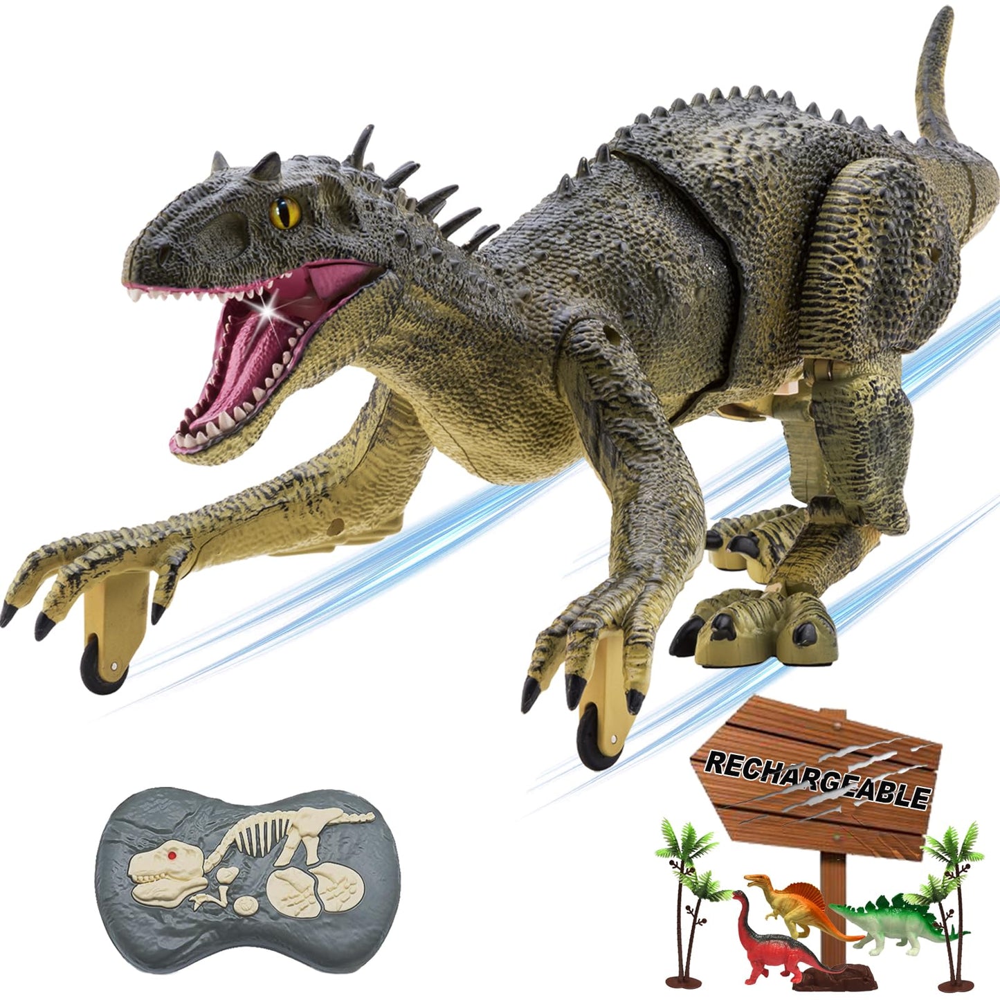 MAMABOO 18.1-inch Remote Control T-Rex Dinosaur Toy - Walking, Fog Spray, Rechargeable