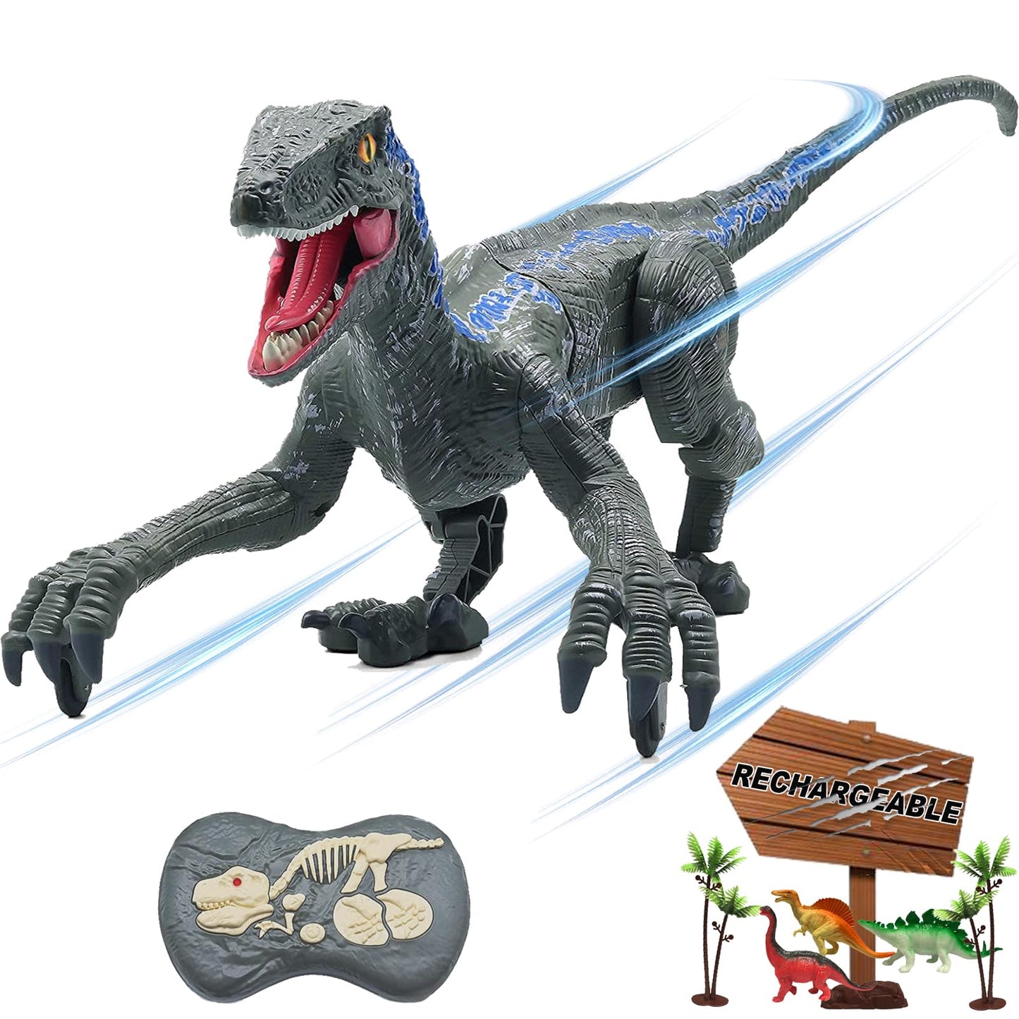 MAMABOO Remote Control Dinosaur Toy – 18.1-Inch Walking Velociraptor with Roar