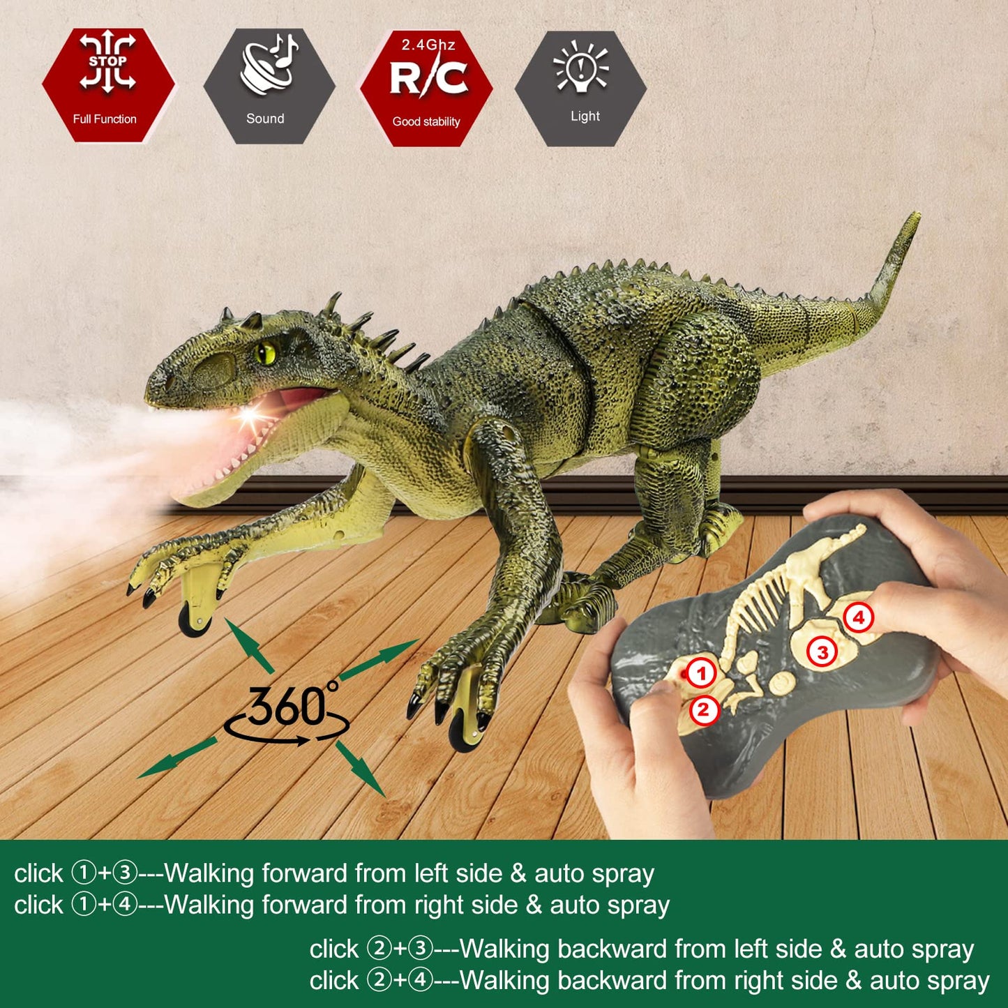 MAMABOO 18.1-inch Remote Control T-Rex Dinosaur Toy - Walking, Fog Spray, Rechargeable