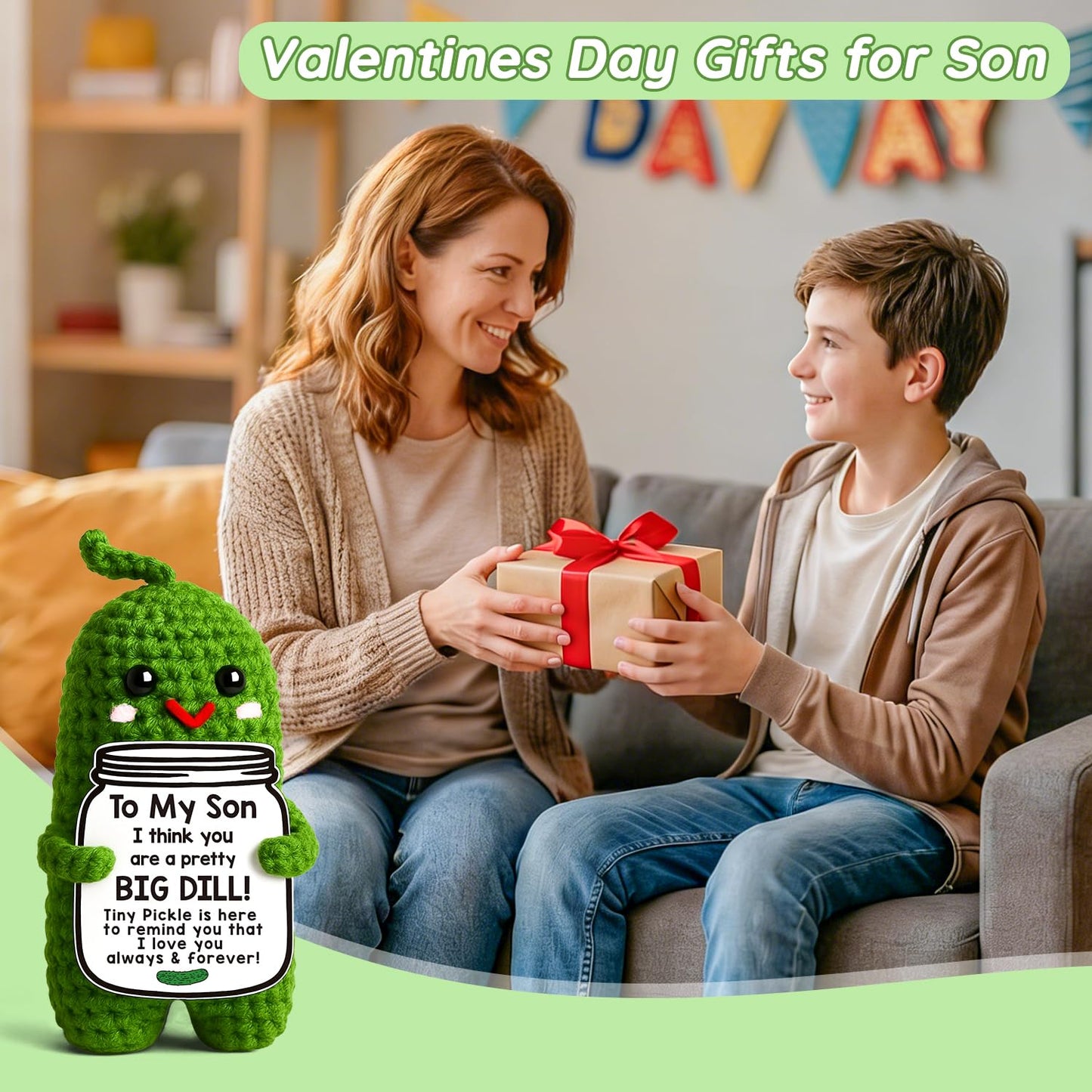 MAMAGIFTREE Crochet Pickle Gift for Son — Funny Valentines & Birthday Gift from Mom & Dad