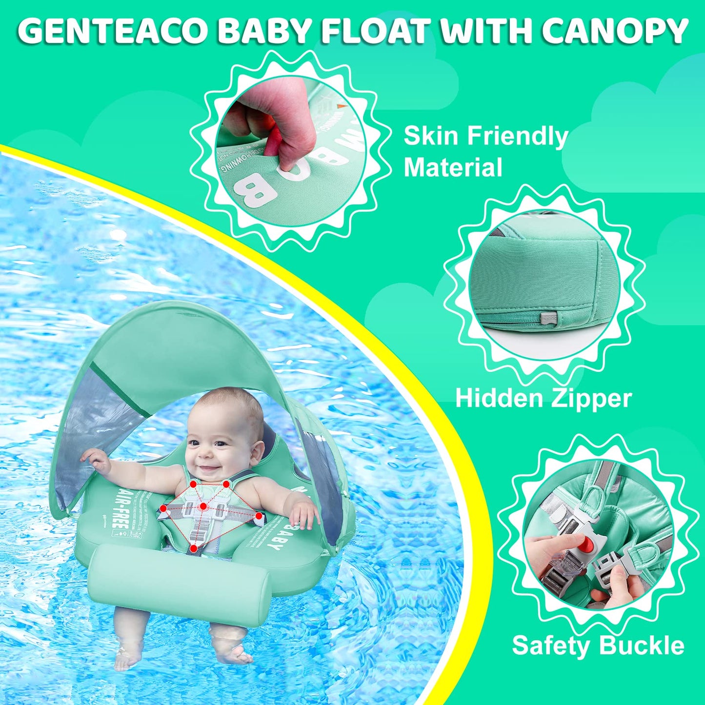 28°C Mambobaby Baby Swim Float with Canopy & Tail – Skin-Friendly, 3-24 Months, Elephant Green