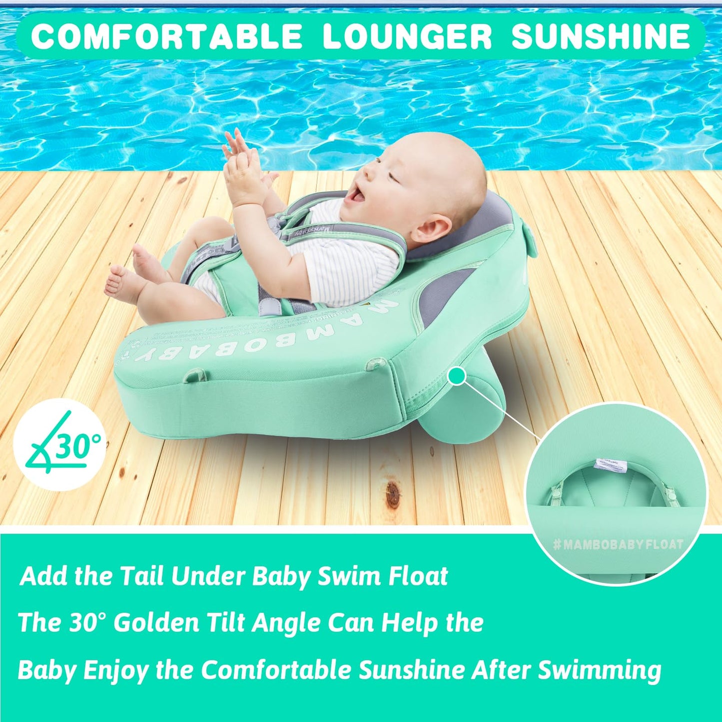 28°C Mambobaby Baby Swim Float with Canopy & Tail – Skin-Friendly, 3-24 Months, Elephant Green