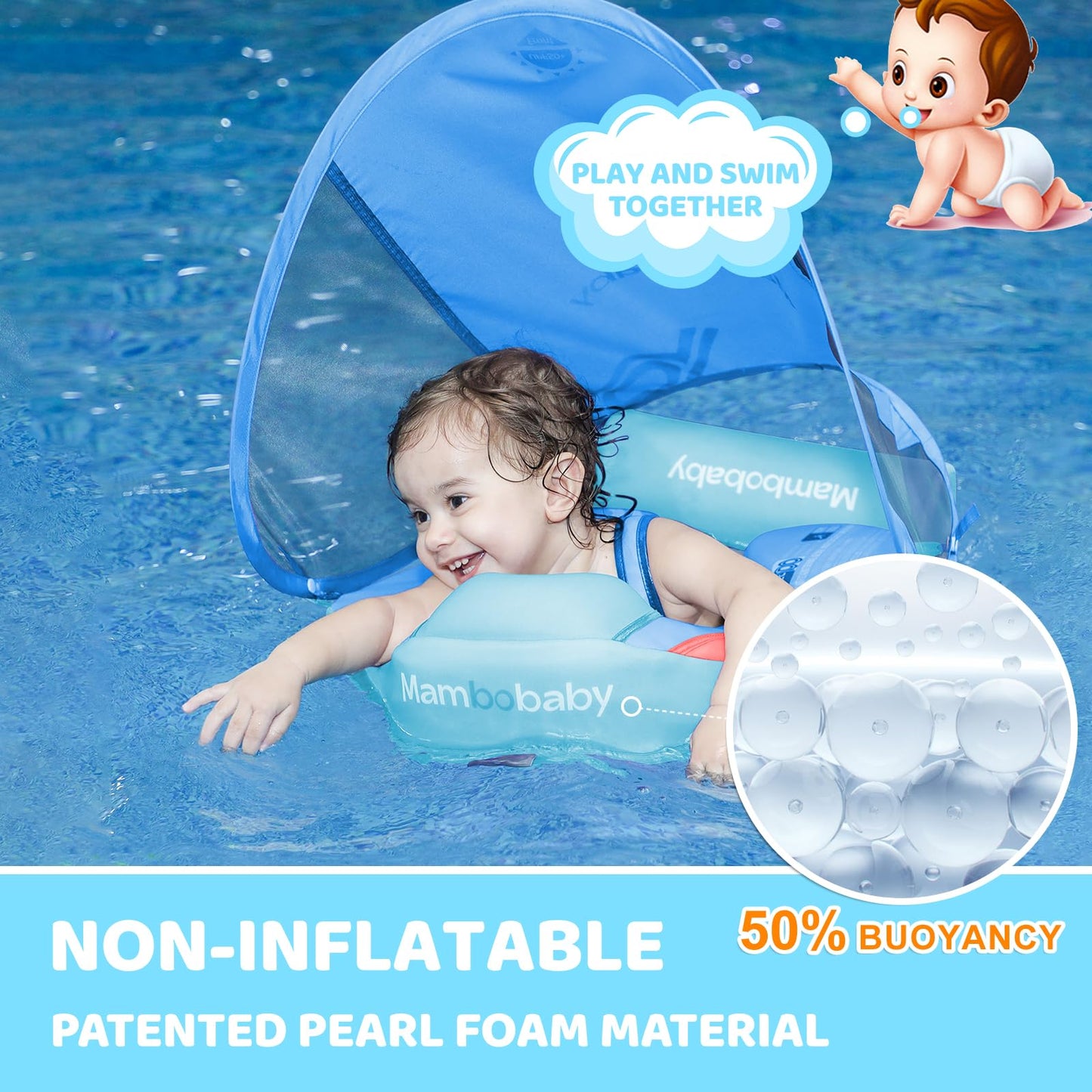 28°C Mambobaby Baby Float with Canopy & Tail – Non-Inflatable Pool Float for 3-24 Months (Blue)