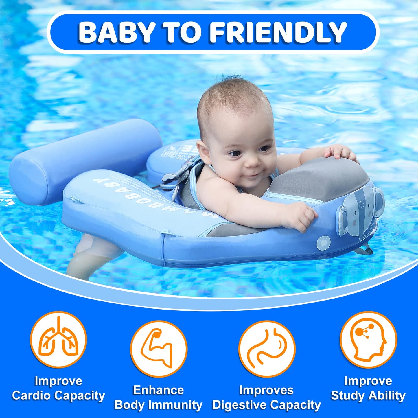 28°C Mambobaby Baby Swim Float with Canopy & Tail – Non-Inflatable Infant Pool Float for 3-24 Months, Elephant Blue