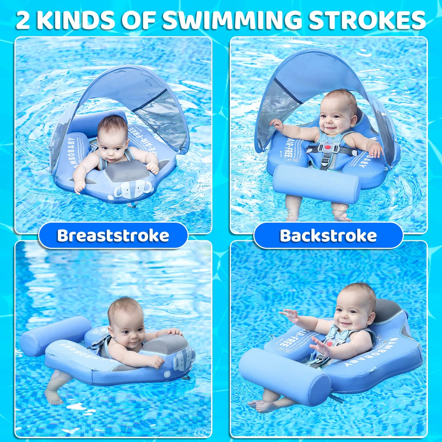 28°C Mambobaby Baby Swim Float with Canopy & Tail – Non-Inflatable Infant Pool Float for 3-24 Months, Elephant Blue