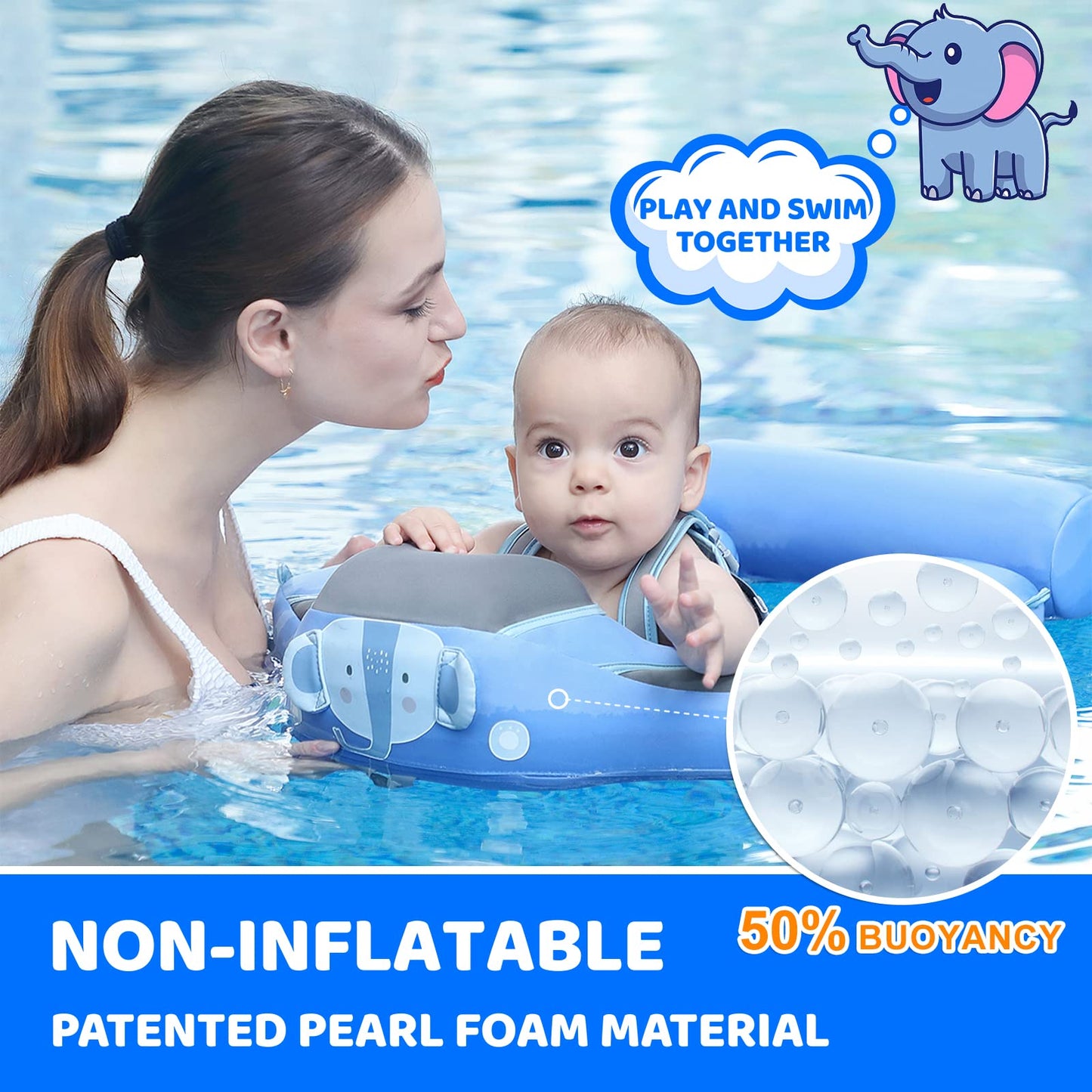 28°C Mambobaby Baby Swim Float with Canopy & Tail – Non-Inflatable Infant Pool Float for 3-24 Months, Elephant Blue