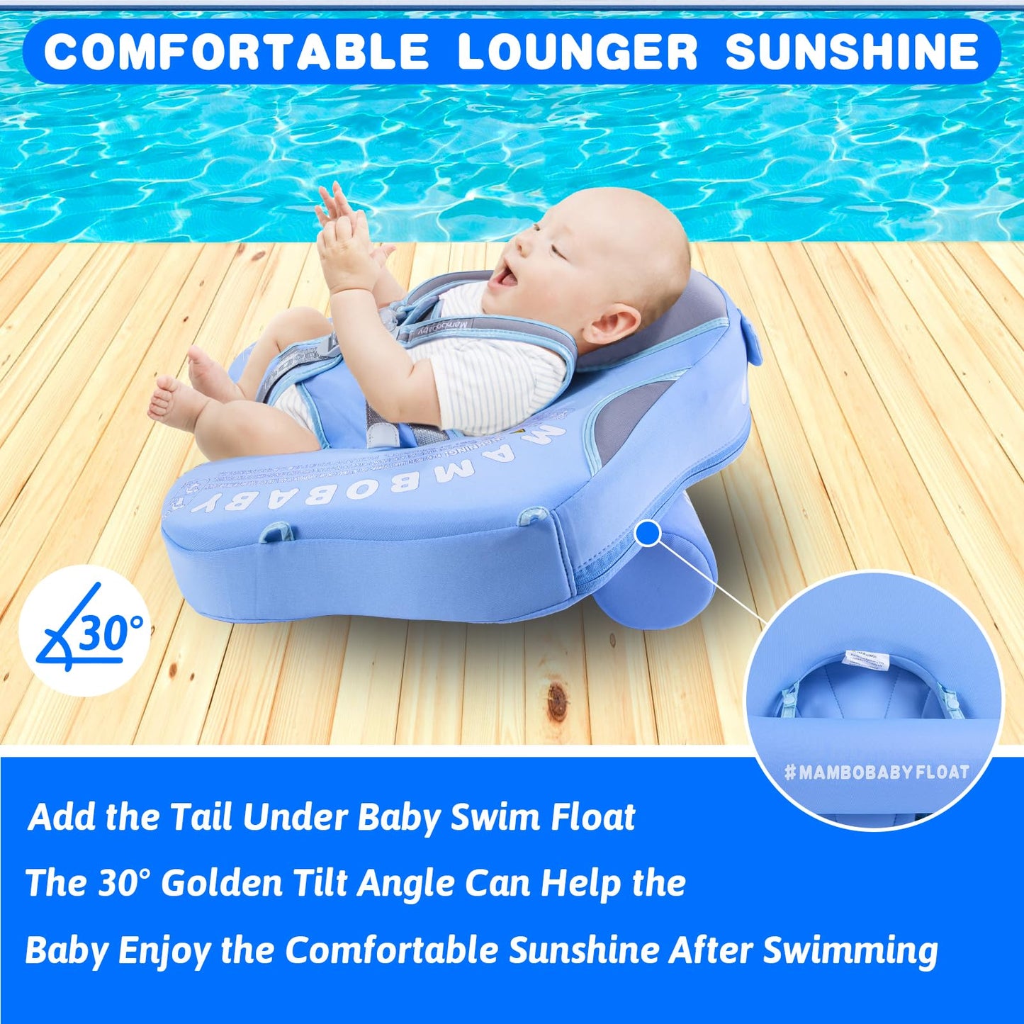 28°C Mambobaby Baby Swim Float with Canopy & Tail – Non-Inflatable Infant Pool Float for 3-24 Months, Elephant Blue