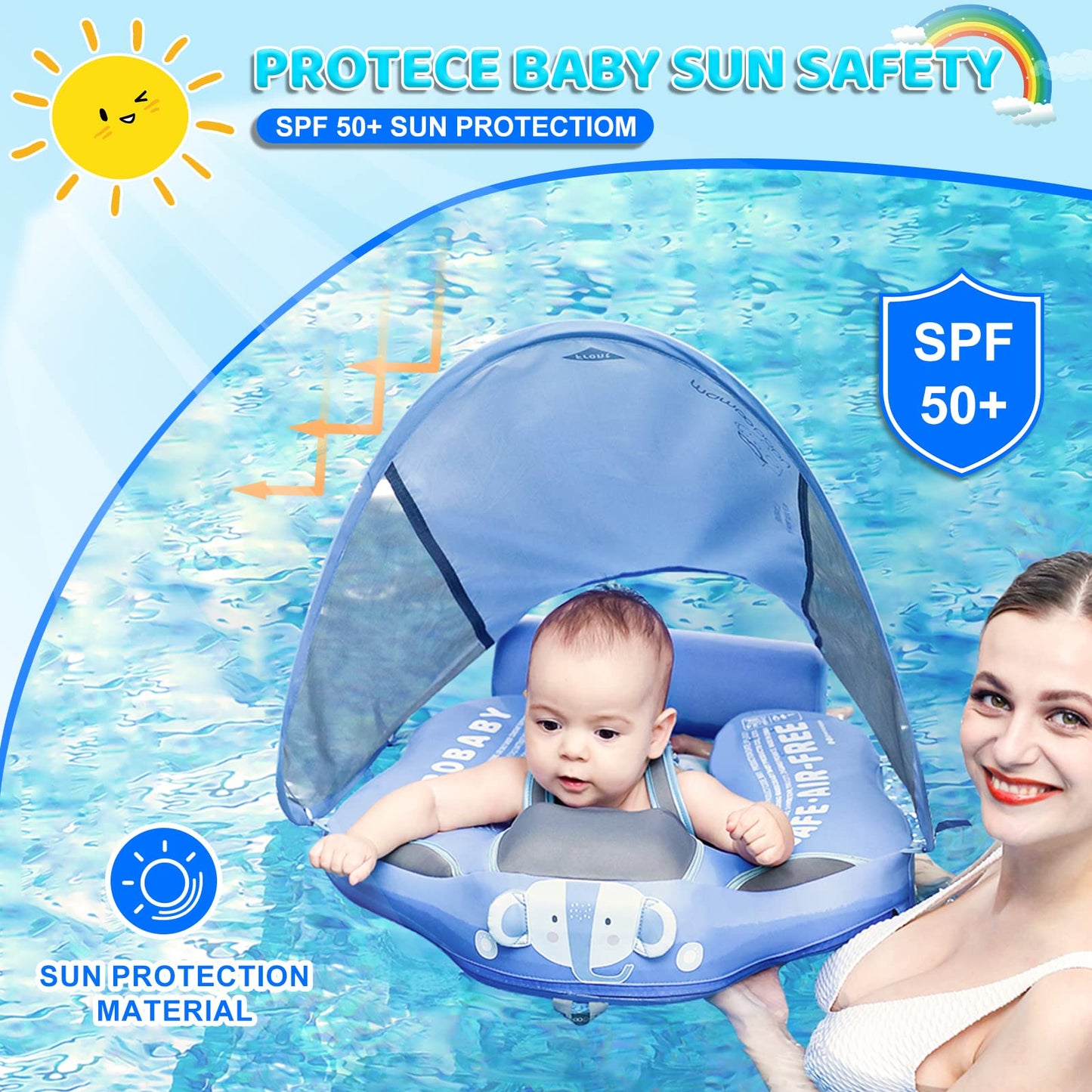 28°C Mambobaby Baby Swim Float with Canopy & Tail – Non-Inflatable Infant Pool Float for 3-24 Months, Elephant Blue