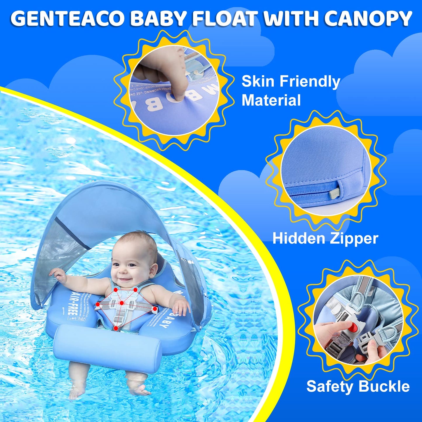 28°C Mambobaby Baby Swim Float with Canopy & Tail – Non-Inflatable Infant Pool Float for 3-24 Months, Elephant Blue