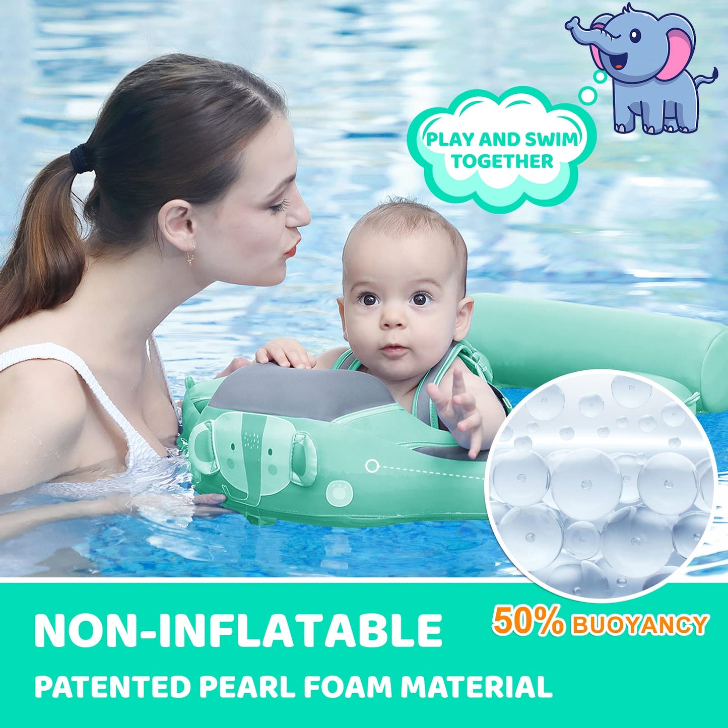 28°C Mambobaby Baby Swim Float with Canopy & Tail – Skin-Friendly, 3-24 Months, Elephant Green