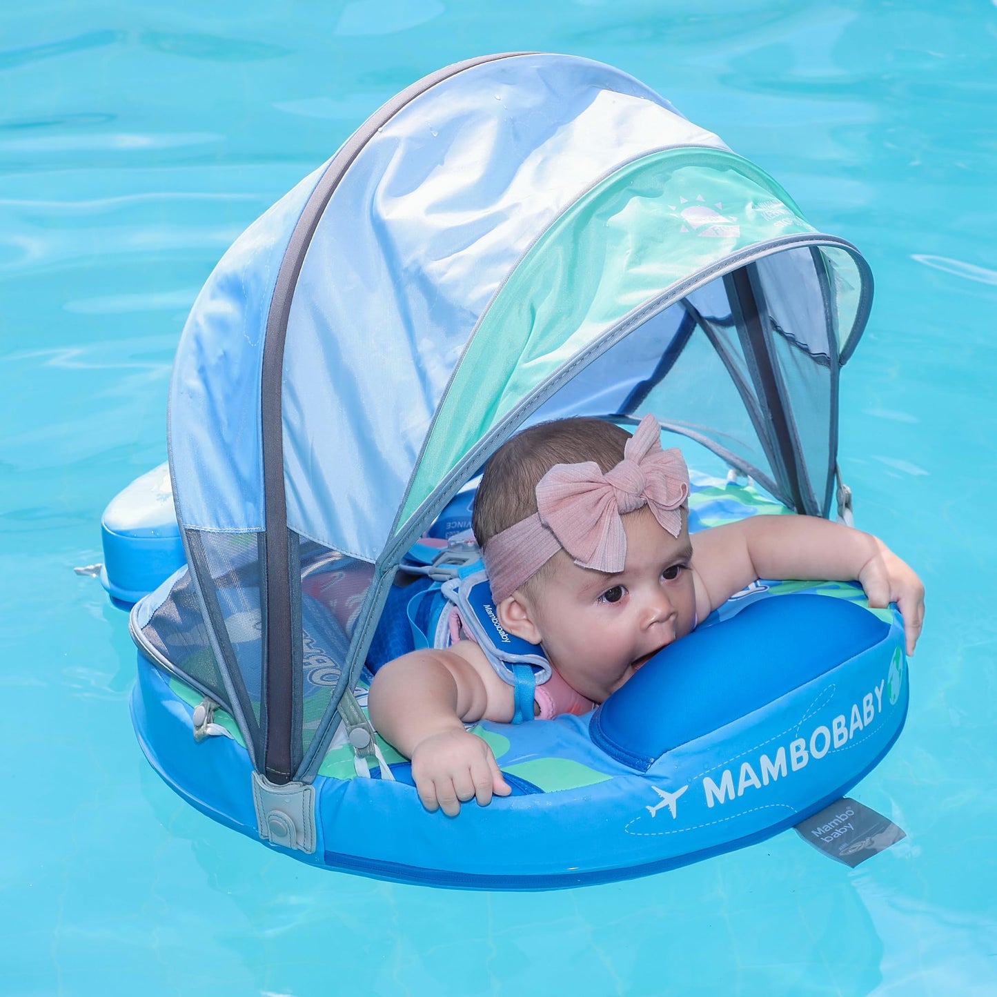 AnjeeIOT Mambobaby Float with Canopy – Non-Inflatable Baby Pool Float (Earth Blue) for 3–24 Months