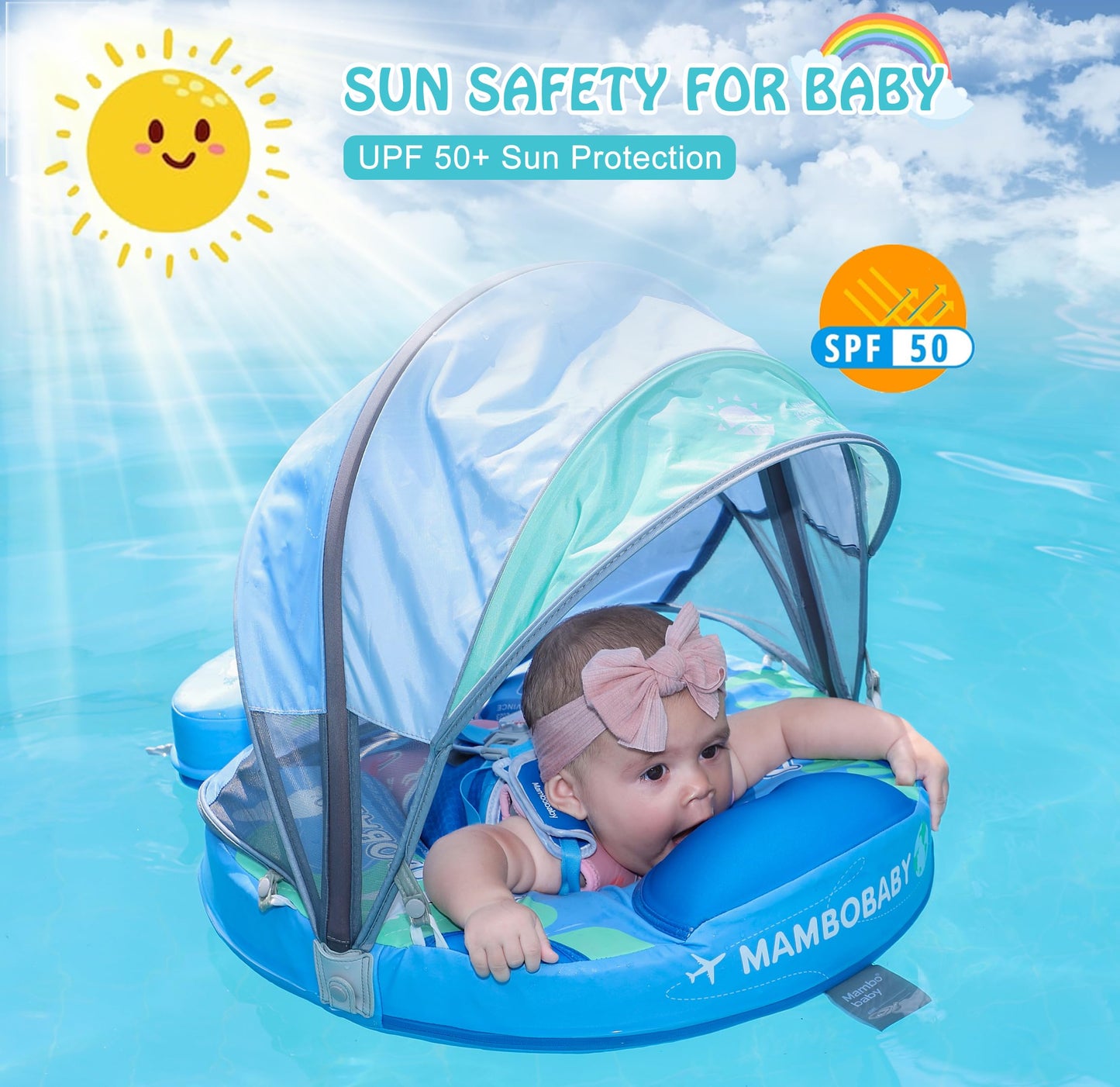 AnjeeIOT Mambobaby Float with Canopy – Non-Inflatable Baby Pool Float (Earth Blue) for 3–24 Months
