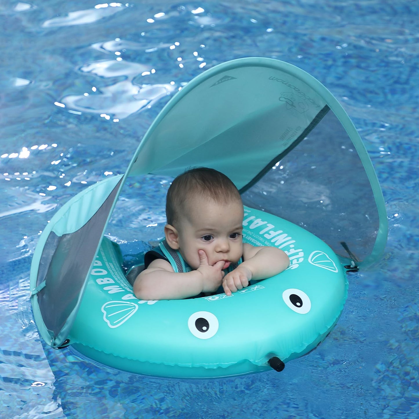 AnjeeIOT Mambobaby Self-Inflating Baby Pool Float with UPF50+ Canopy – Portable, Adjustable, 3-24 Months
