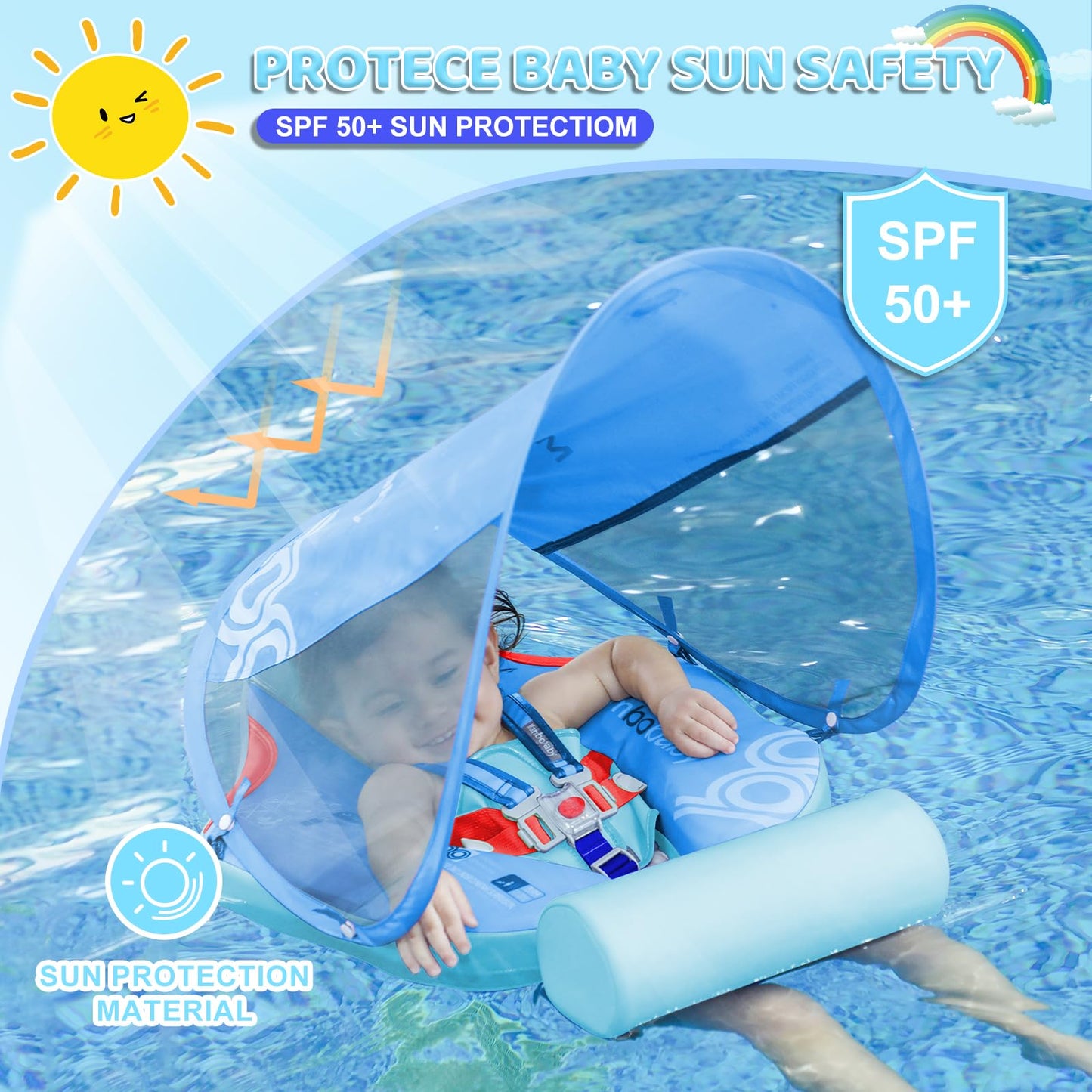 28°C Mambobaby Baby Float with Canopy & Tail – Non-Inflatable Pool Float for 3-24 Months (Blue)