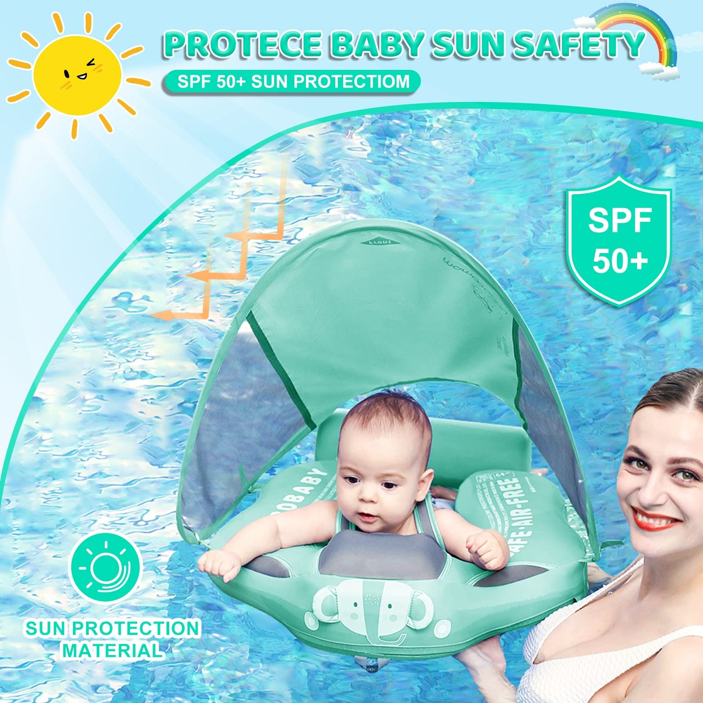 28°C Mambobaby Baby Swim Float with Canopy & Tail – Skin-Friendly, 3-24 Months, Elephant Green