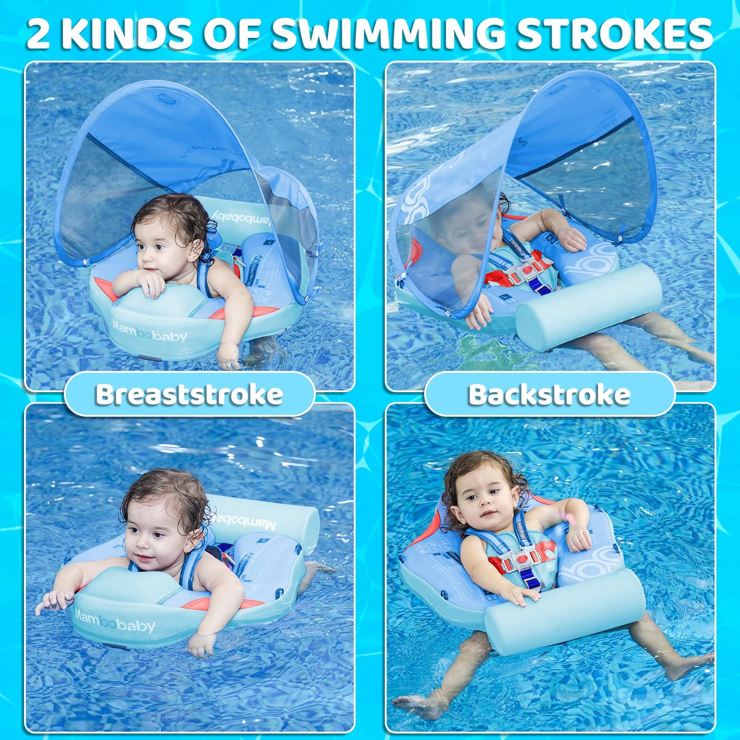 28°C Mambobaby Baby Float with Canopy & Tail – Non-Inflatable Pool Float for 3-24 Months (Blue)