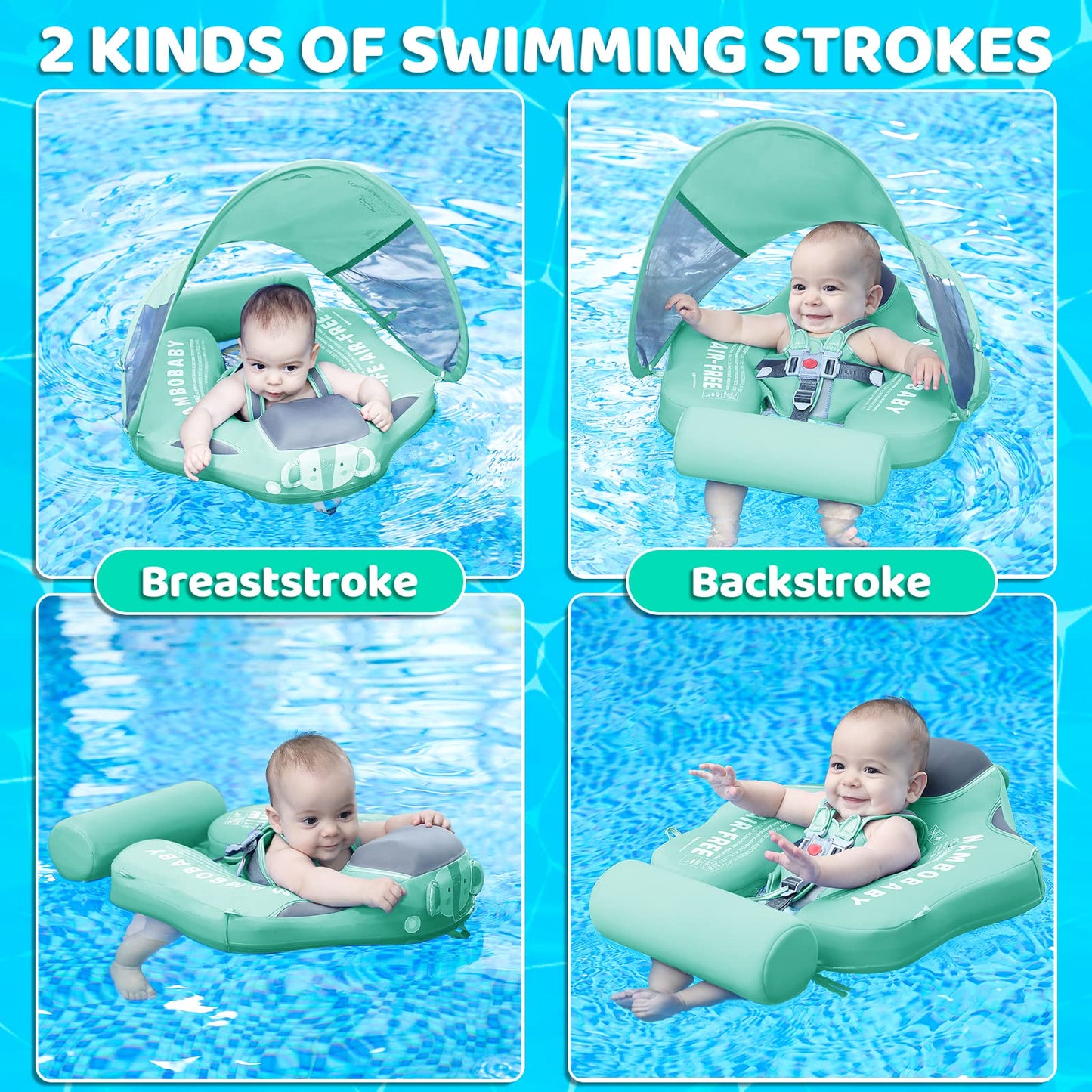 28°C Mambobaby Baby Swim Float with Canopy & Tail – Skin-Friendly, 3-24 Months, Elephant Green