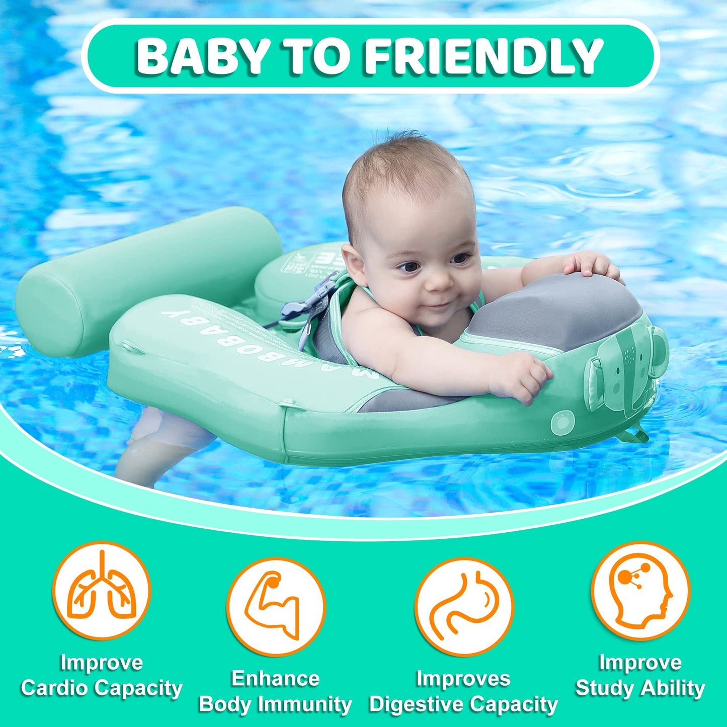 28°C Mambobaby Baby Swim Float with Canopy & Tail – Skin-Friendly, 3-24 Months, Elephant Green
