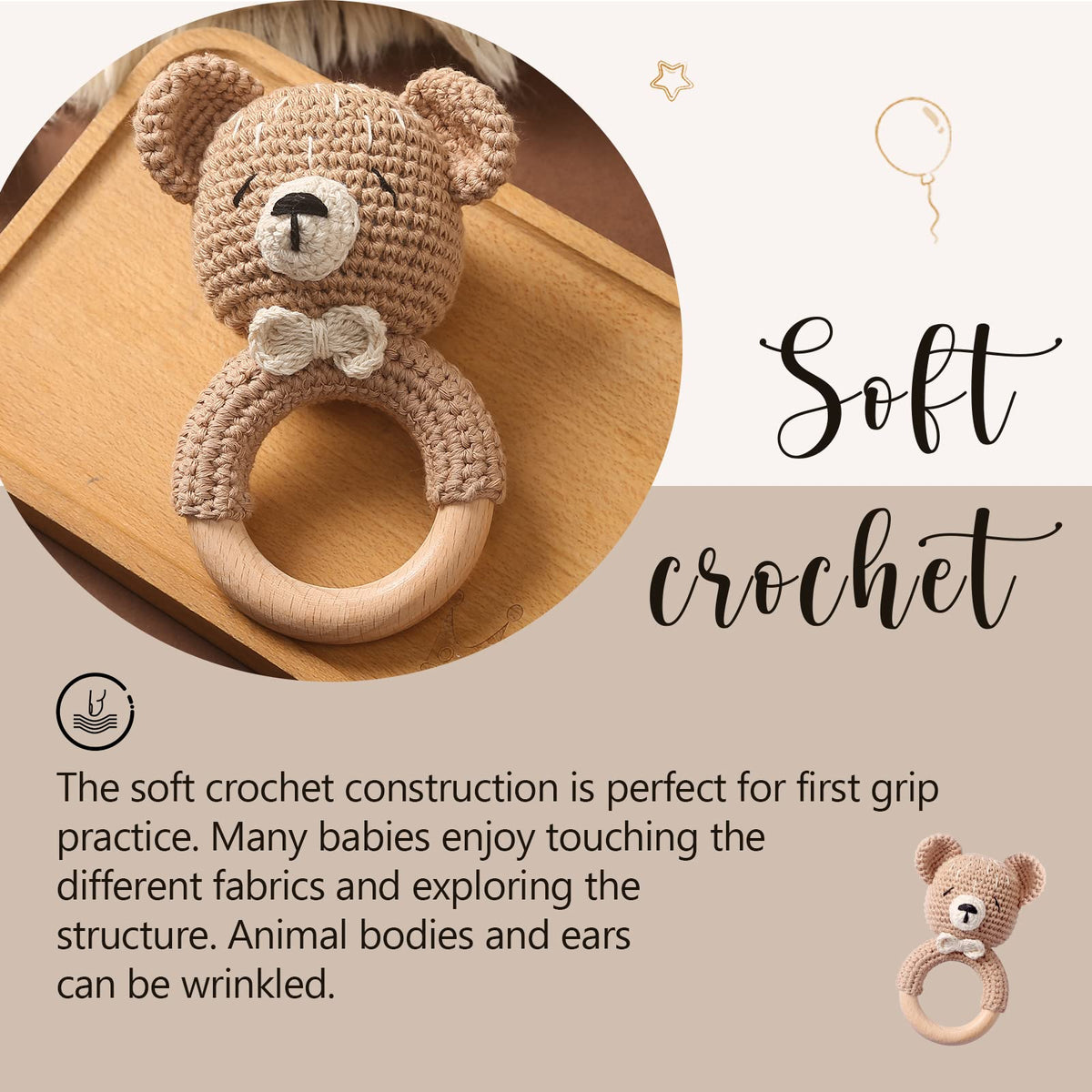 Mamimami Home Wooden Baby Rattle – Crochet Bear Handmade Newborn Toy