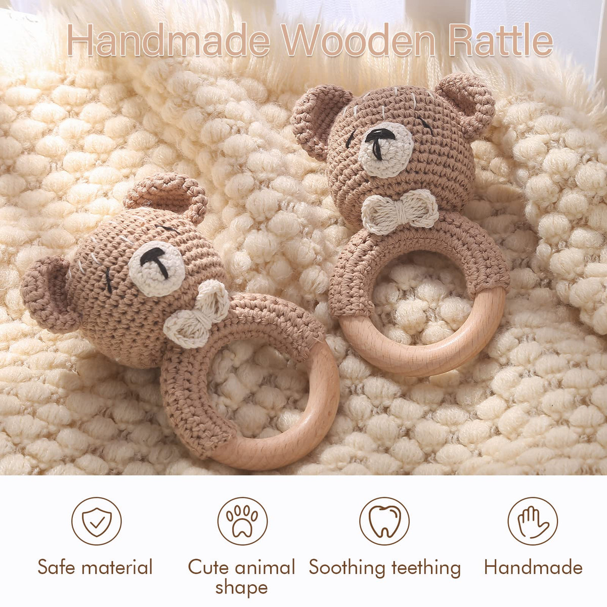 Mamimami Home Wooden Baby Rattle – Crochet Bear Handmade Newborn Toy