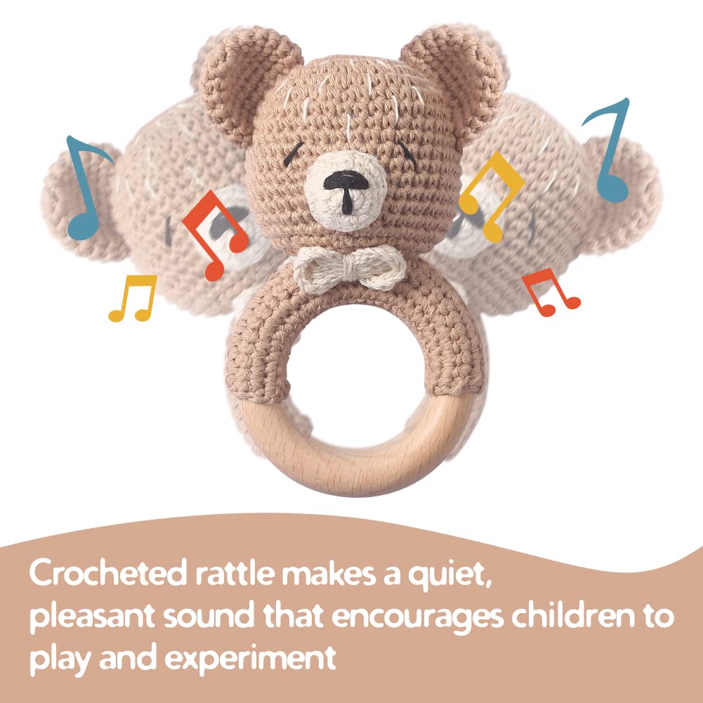 Mamimami Home Wooden Baby Rattle – Crochet Bear Handmade Newborn Toy